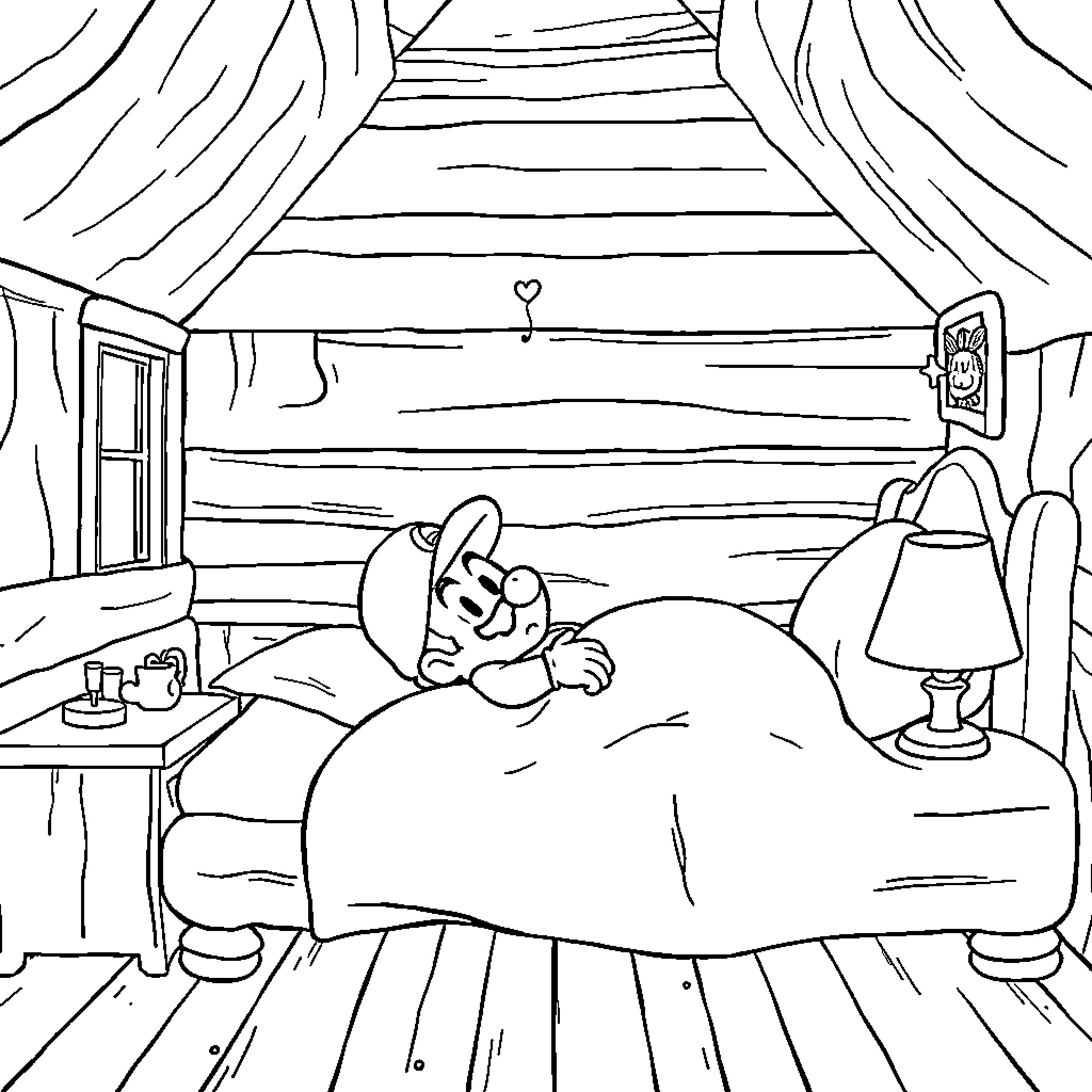 Mario relaxing in cozy cabin Coloring Page (free black-and-white line drawing printable PDF for all, from beginners to advanced learners, including children, teens, adults, and seniors)