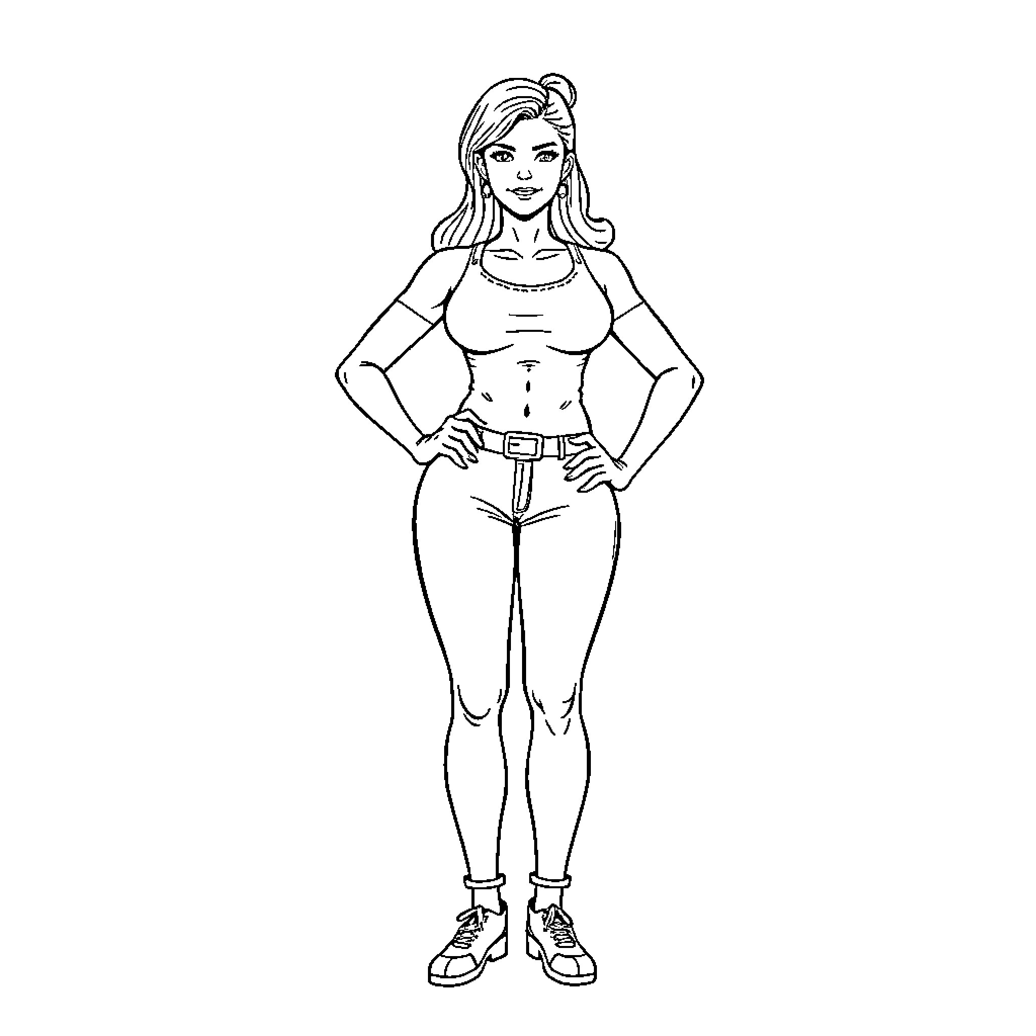 Woman in active wear posing confidently Coloring Page (free black-and-white line drawing printable PDF for all, from beginners to advanced learners, including children, teens, adults, and seniors)