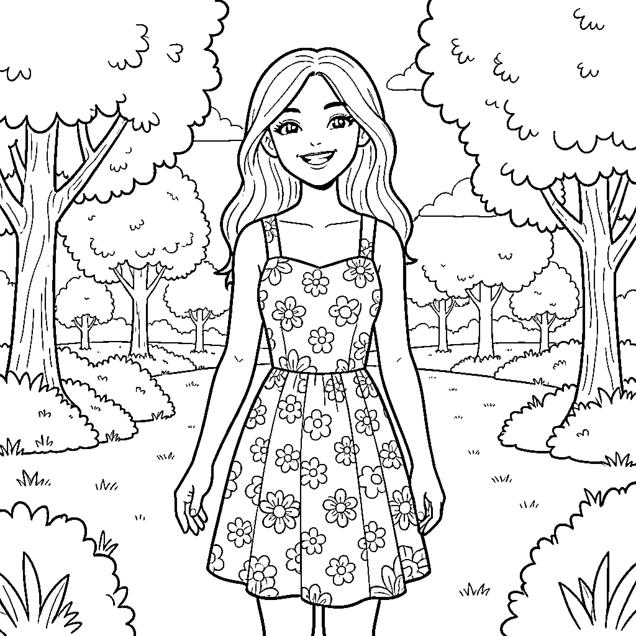 Jennie enjoying nature in a floral dress Coloring Page (free black-and-white line drawing printable PDF for all, from beginners to advanced learners, including children, teens, adults, and seniors)