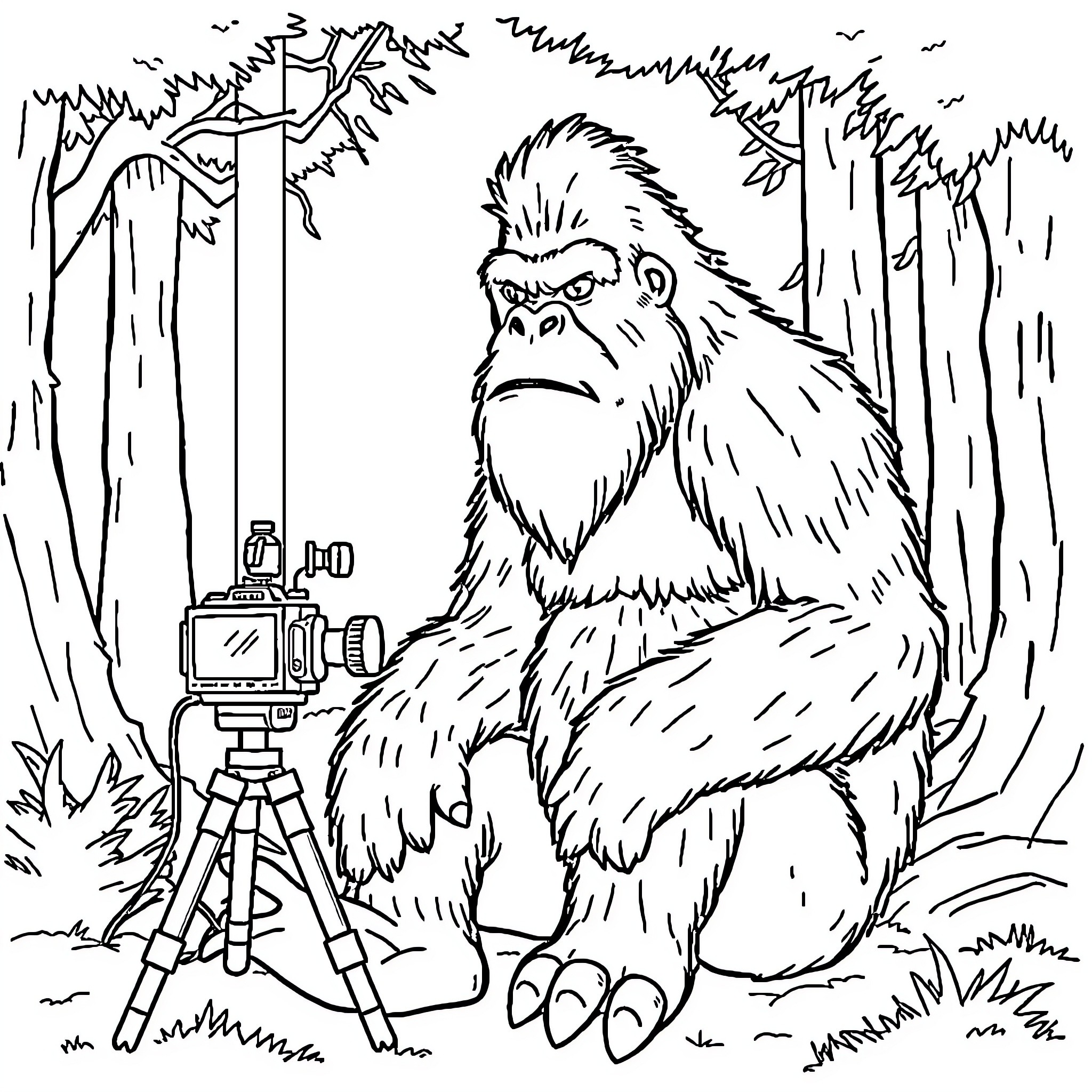 Bigfoot using camera in forest Coloring Page (free black-and-white line drawing printable PDF for all, from beginners to advanced learners, including children, teens, adults, and seniors)
