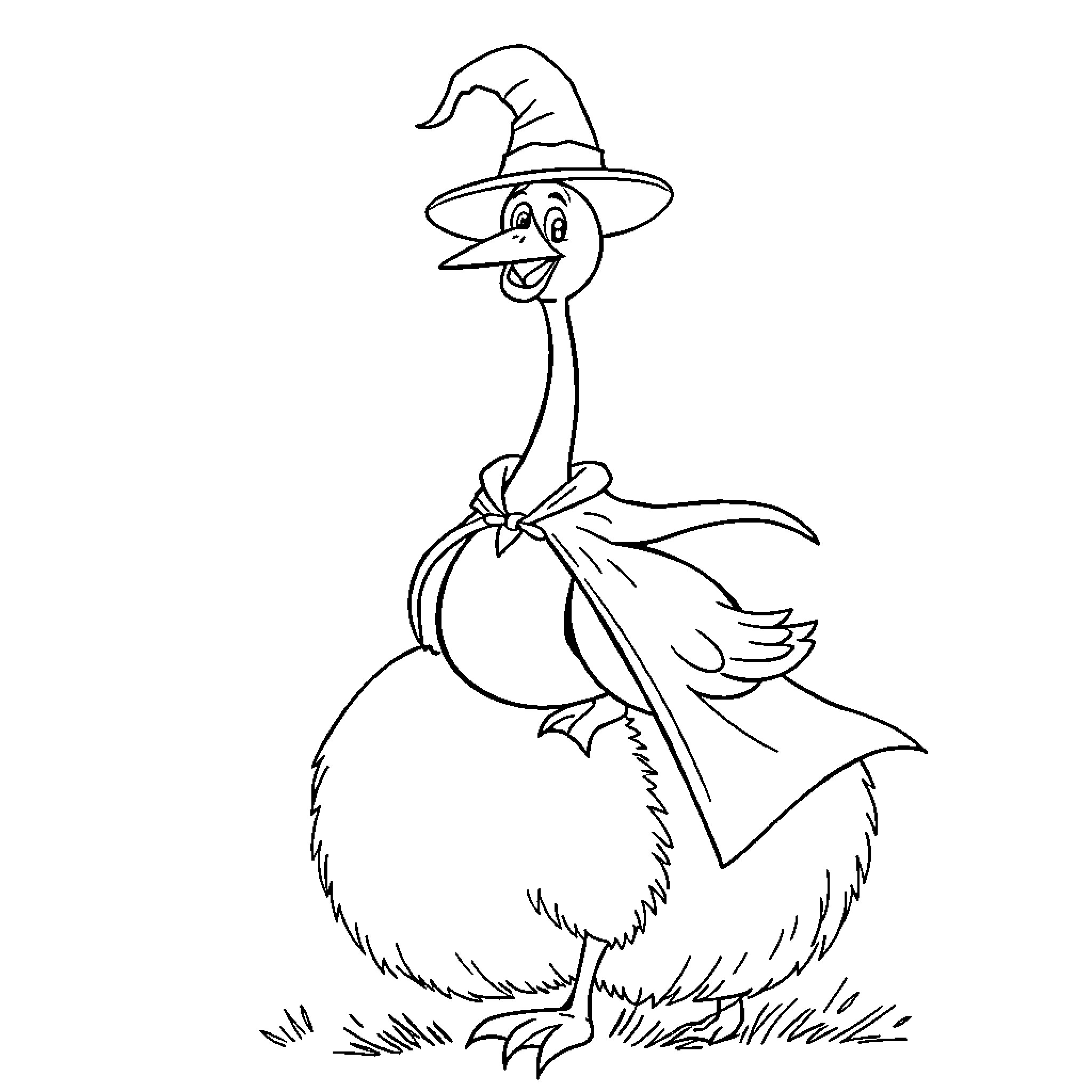 Goose wearing a witch hat and bow Coloring Page (free black-and-white line drawing printable PDF for all, from beginners to advanced learners, including children, teens, adults, and seniors)