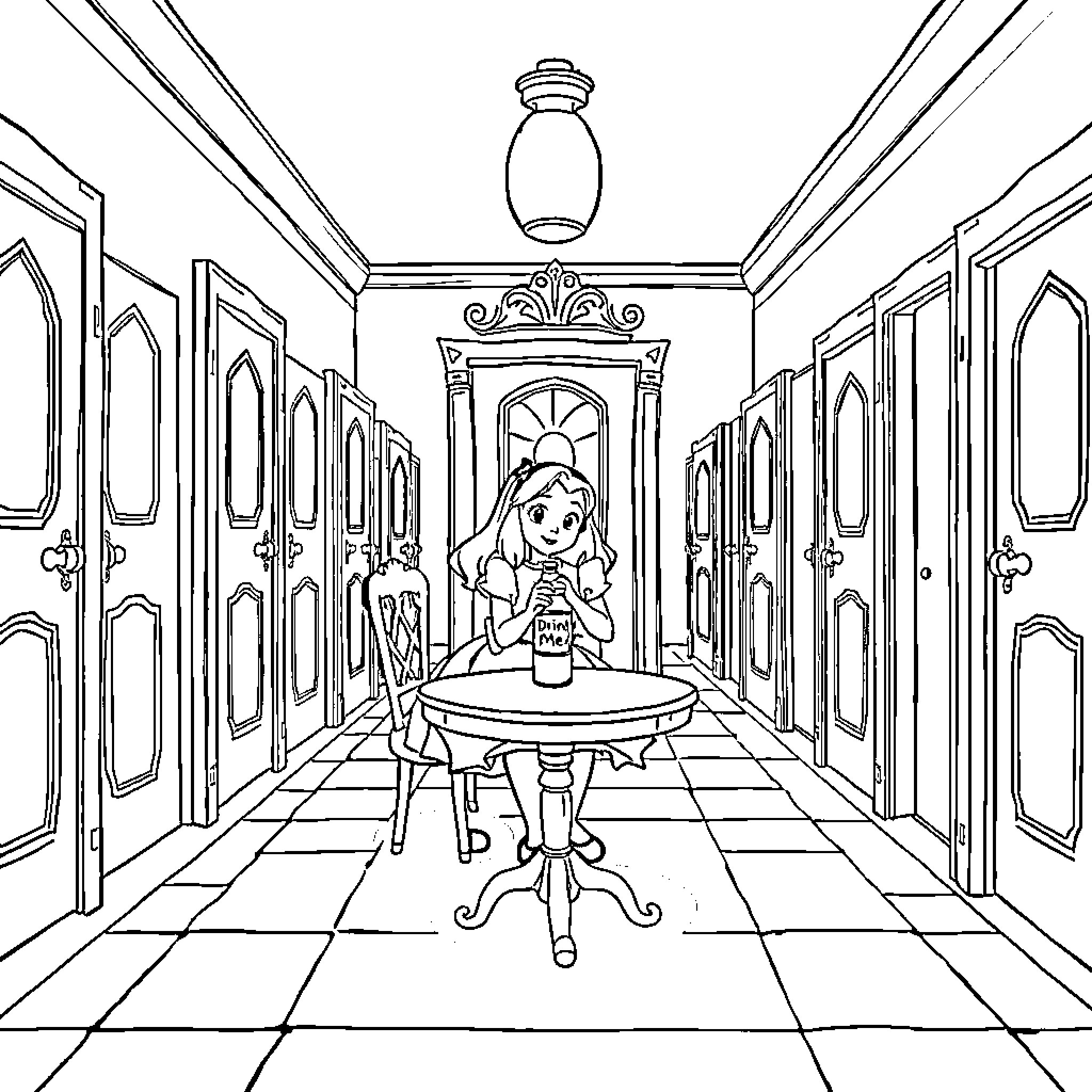 Alice in a Regal Hallway Coloring Page (free black-and-white line drawing printable PDF for all, from beginners to advanced learners, including children, teens, adults, and seniors)
