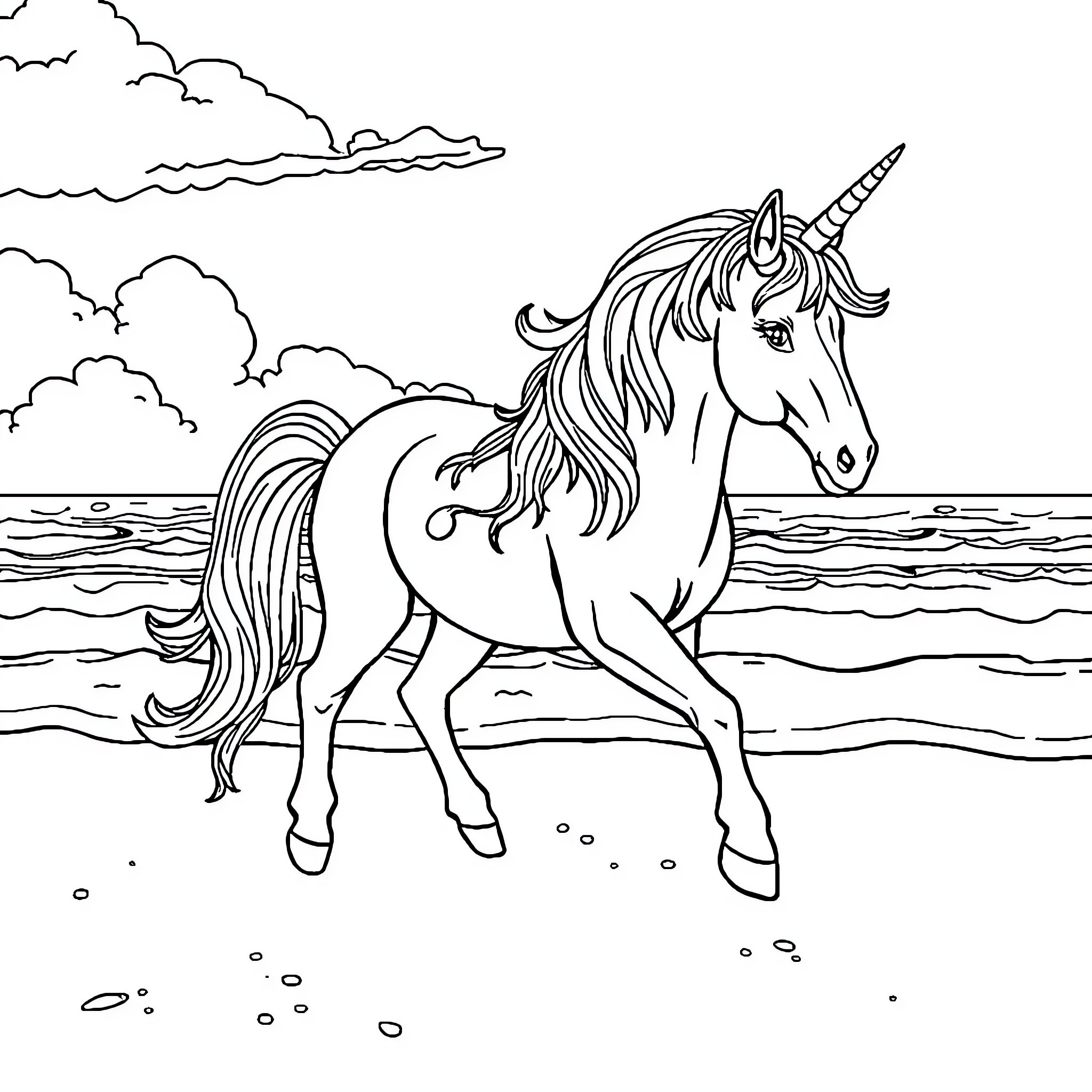 Unicorn galloping through ocean waves Coloring Page (free black-and-white line drawing printable PDF for all, from beginners to advanced learners, including children, teens, adults, and seniors)