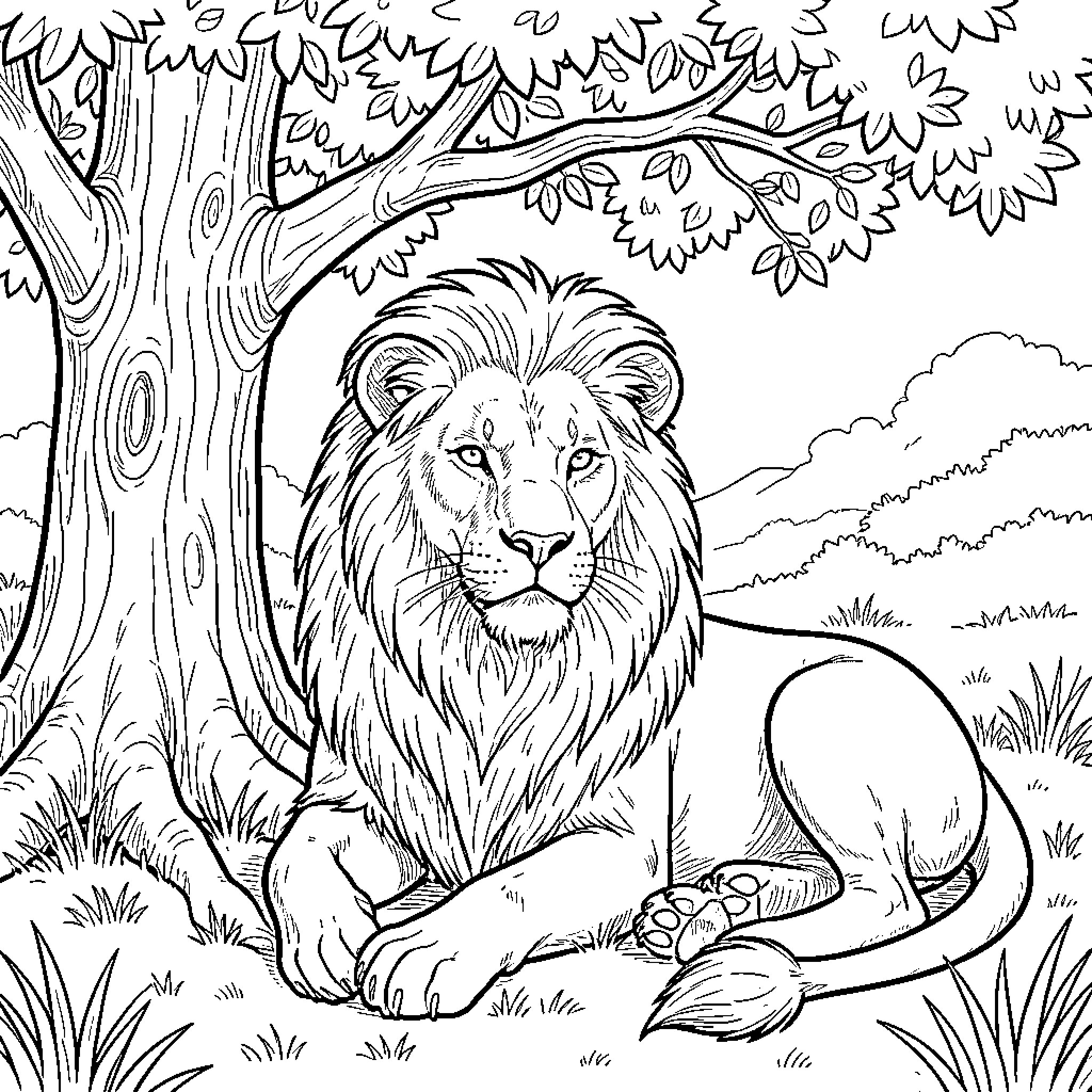 Lion resting in the forest Coloring Page (free black-and-white line drawing printable PDF for all, from beginners to advanced learners, including children, teens, adults, and seniors)