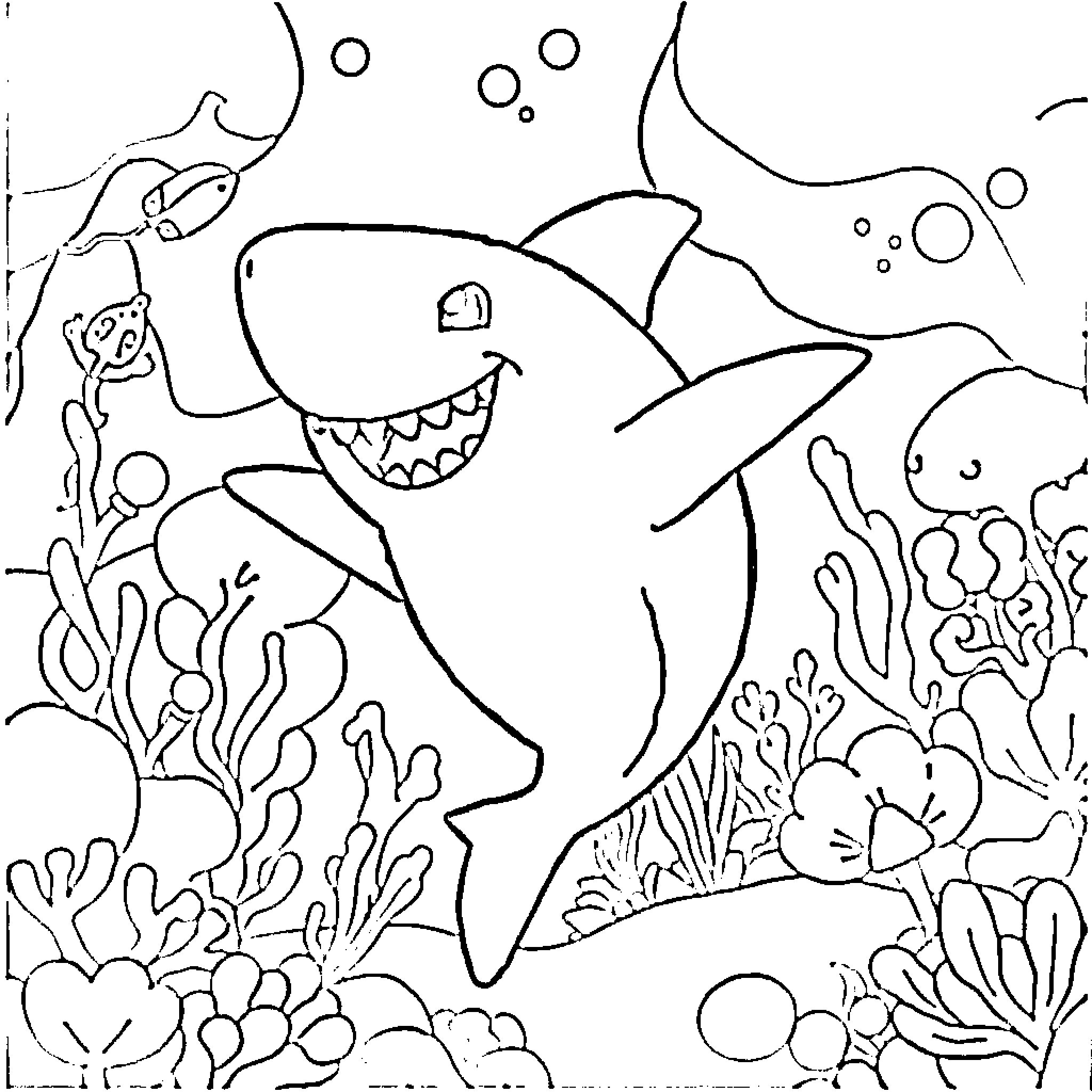 Shark swimming among coral reefs and bubbles Coloring Page (free black-and-white line drawing printable PDF for all, from beginners to advanced learners, including children, teens, adults, and seniors)