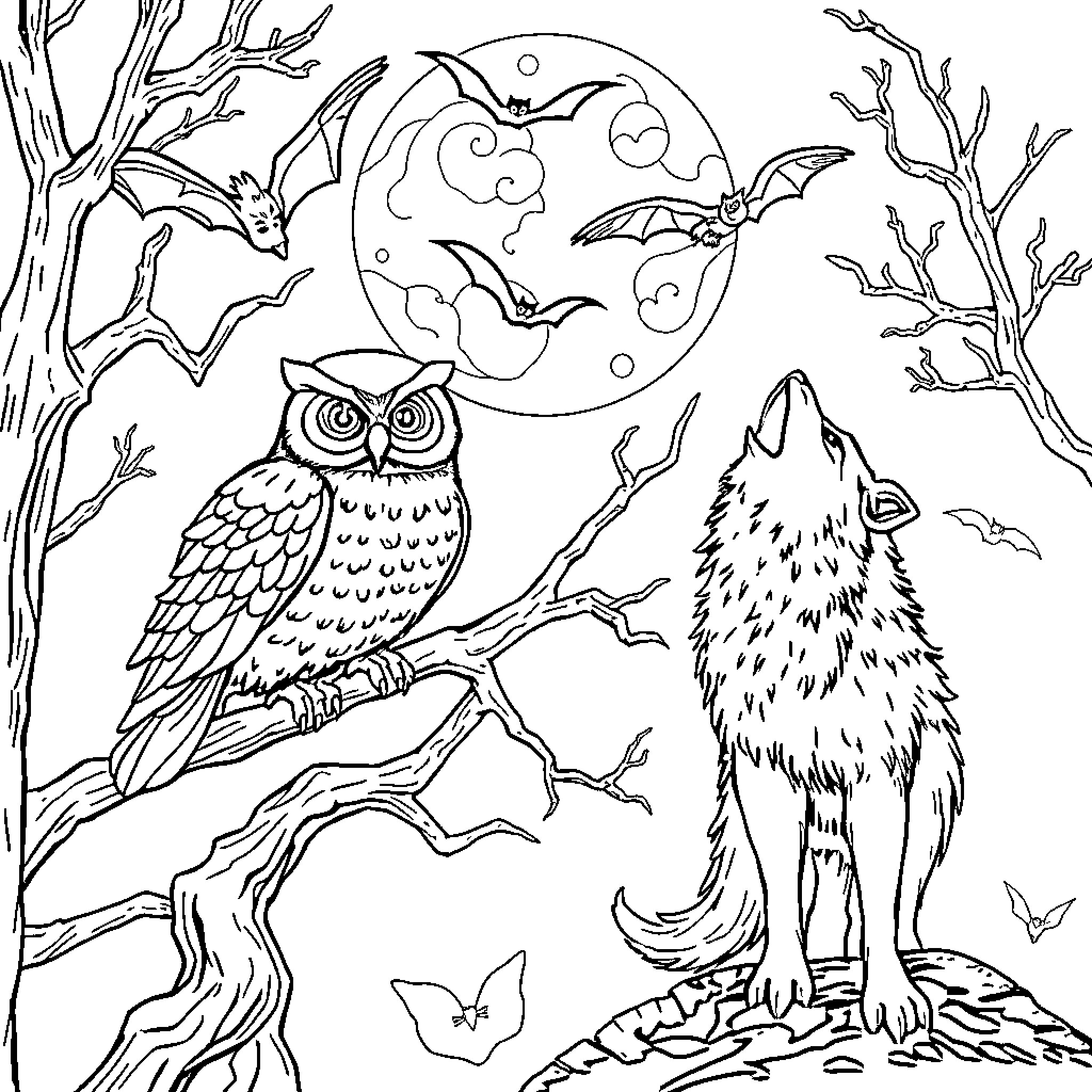 Animal creatures in a nighttime forest scene Coloring Page (free black-and-white line drawing printable PDF for all, from beginners to advanced learners, including children, teens, adults, and seniors)