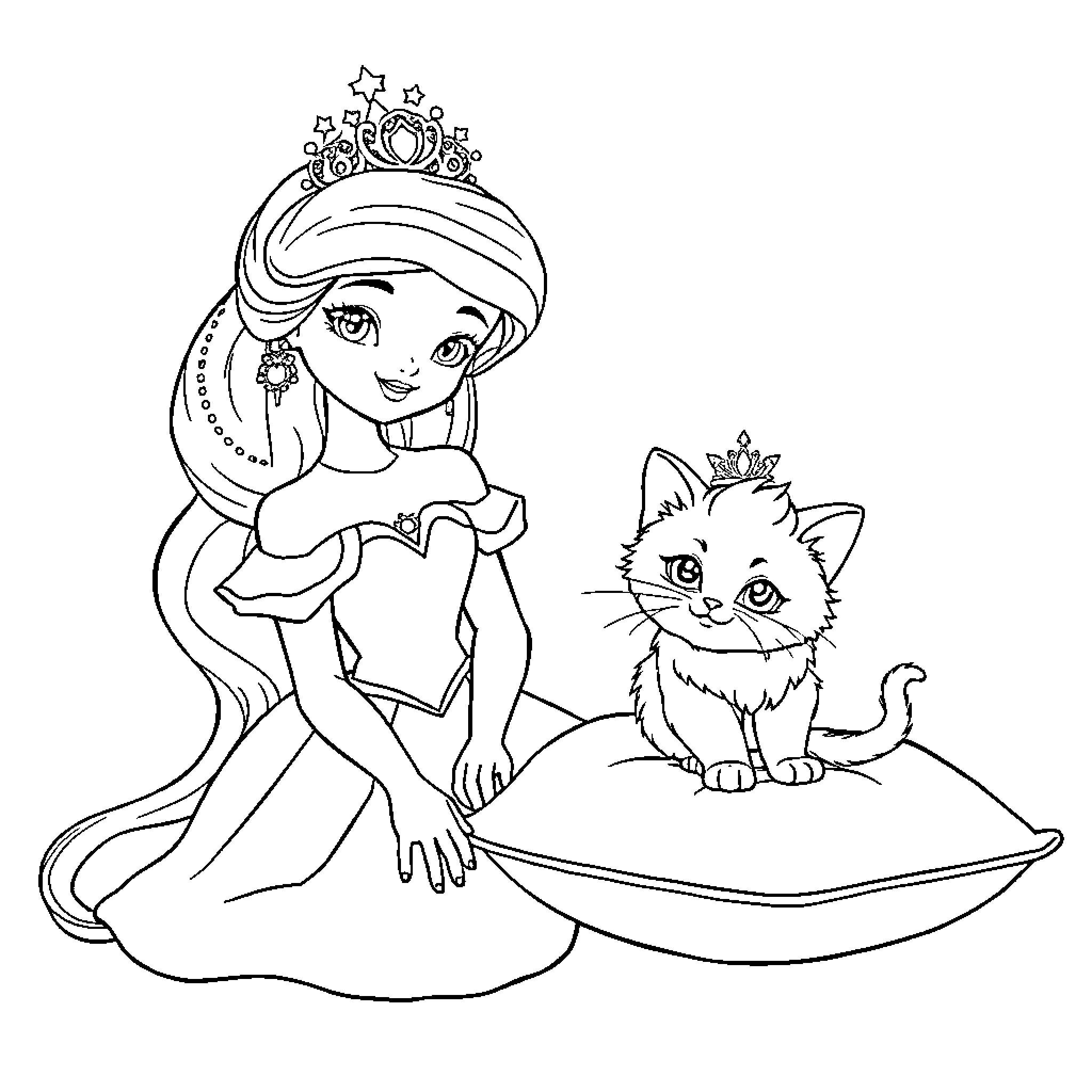 Princess with Adorable Kitten on Magic Carpet Coloring Page (free black-and-white line drawing printable PDF for all, from beginners to advanced learners, including children, teens, adults, and seniors)