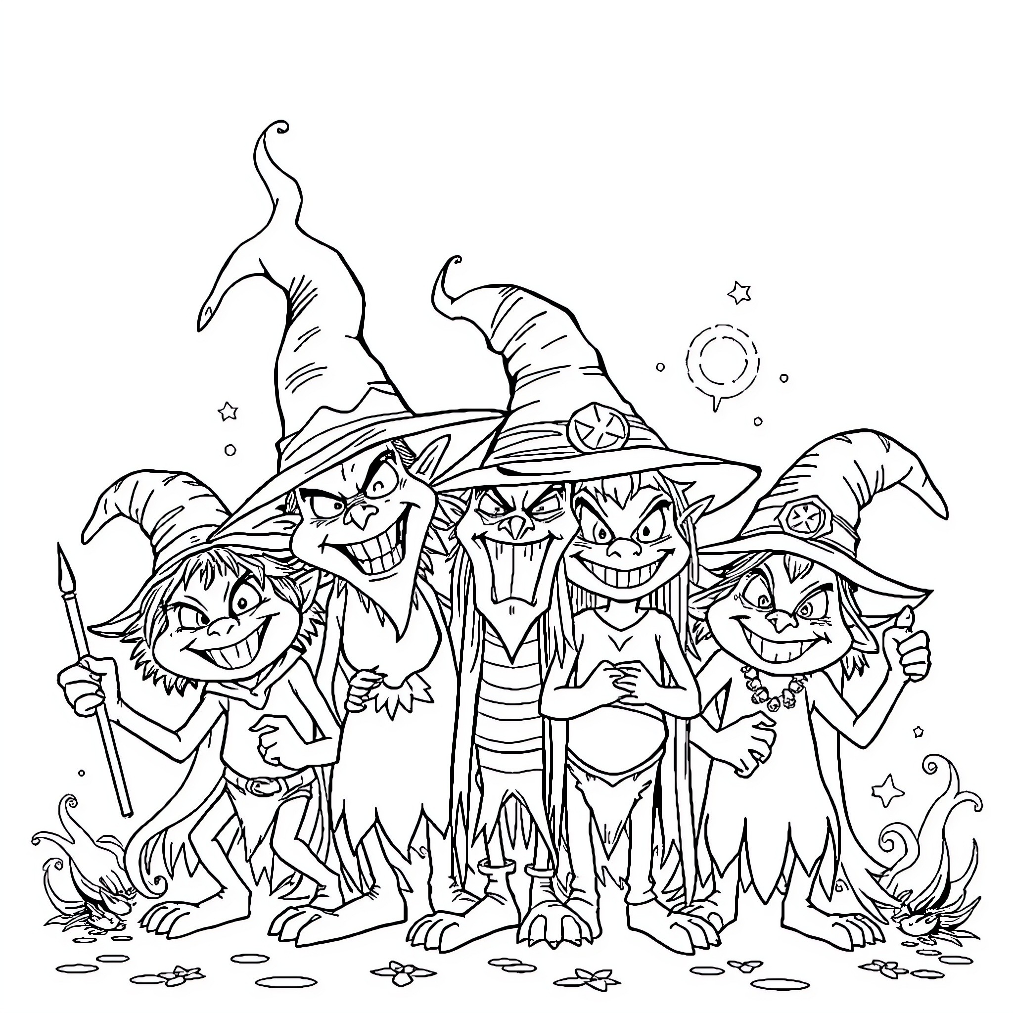 Baddie Goblins Gather for Mischievous Revelry Coloring Page (free black-and-white line drawing printable PDF for all, from beginners to advanced learners, including children, teens, adults, and seniors)