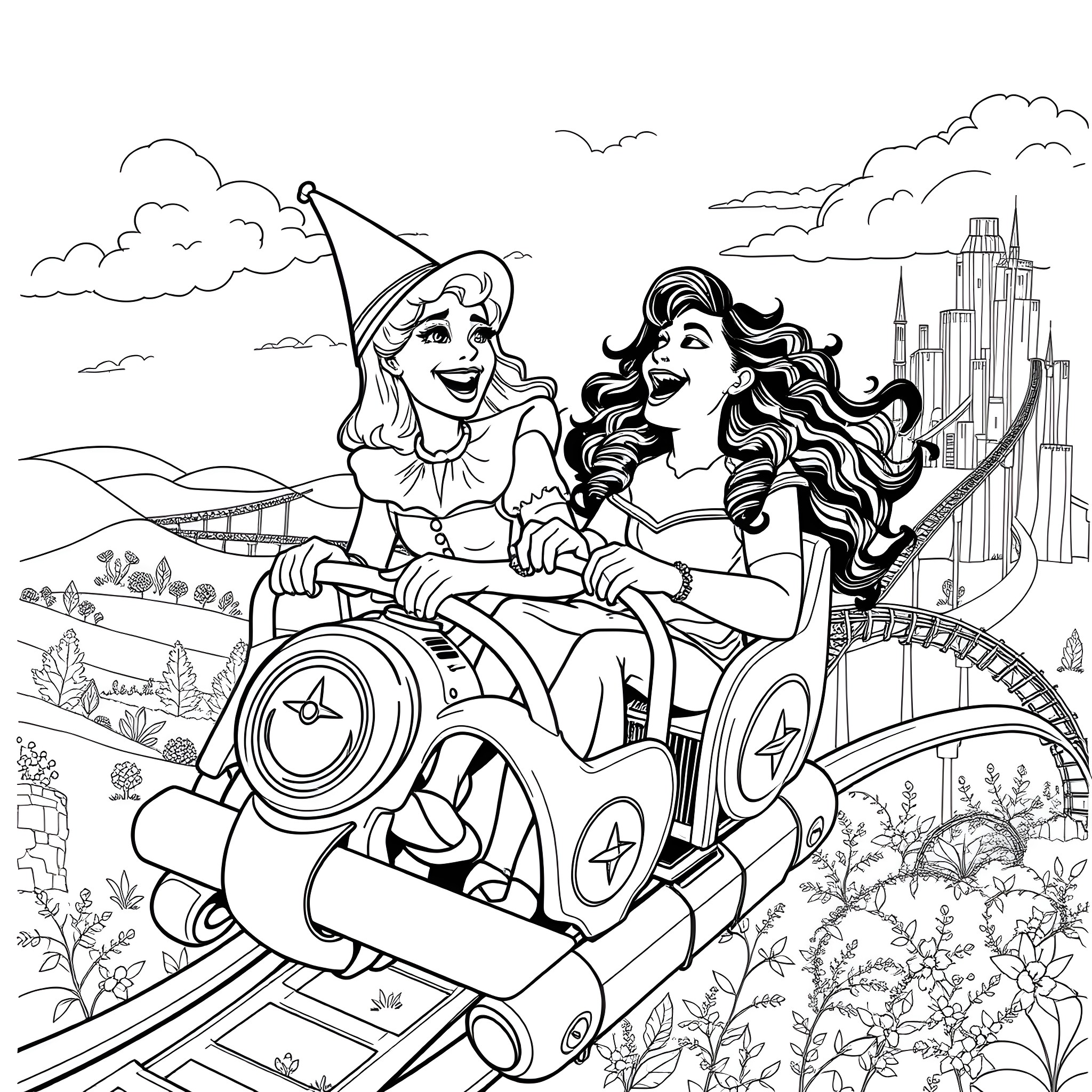 Glinda and Elphaba enjoying a thrilling ride on a fantasy roller coaster Coloring Page (free black-and-white line drawing printable PDF for all, from beginners to advanced learners, including children, teens, adults, and seniors)
