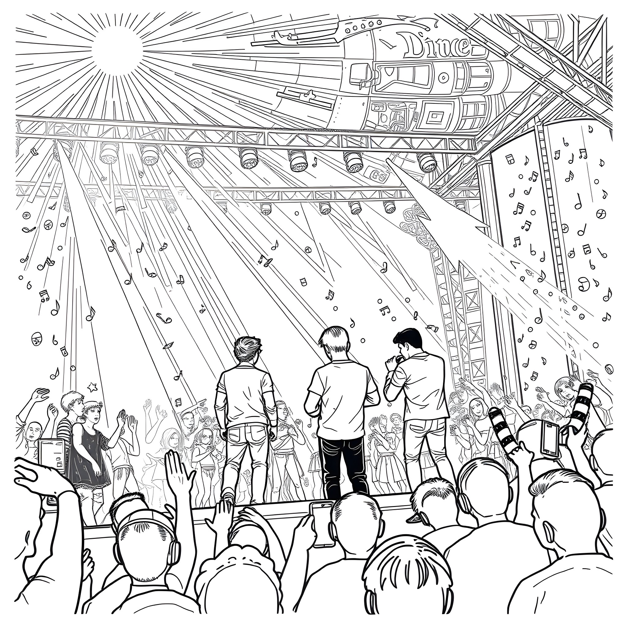 One Direction Performing on Stage with Energetic Crowd Coloring Page (free black-and-white line drawing printable PDF for all, from beginners to advanced learners, including children, teens, adults, and seniors)