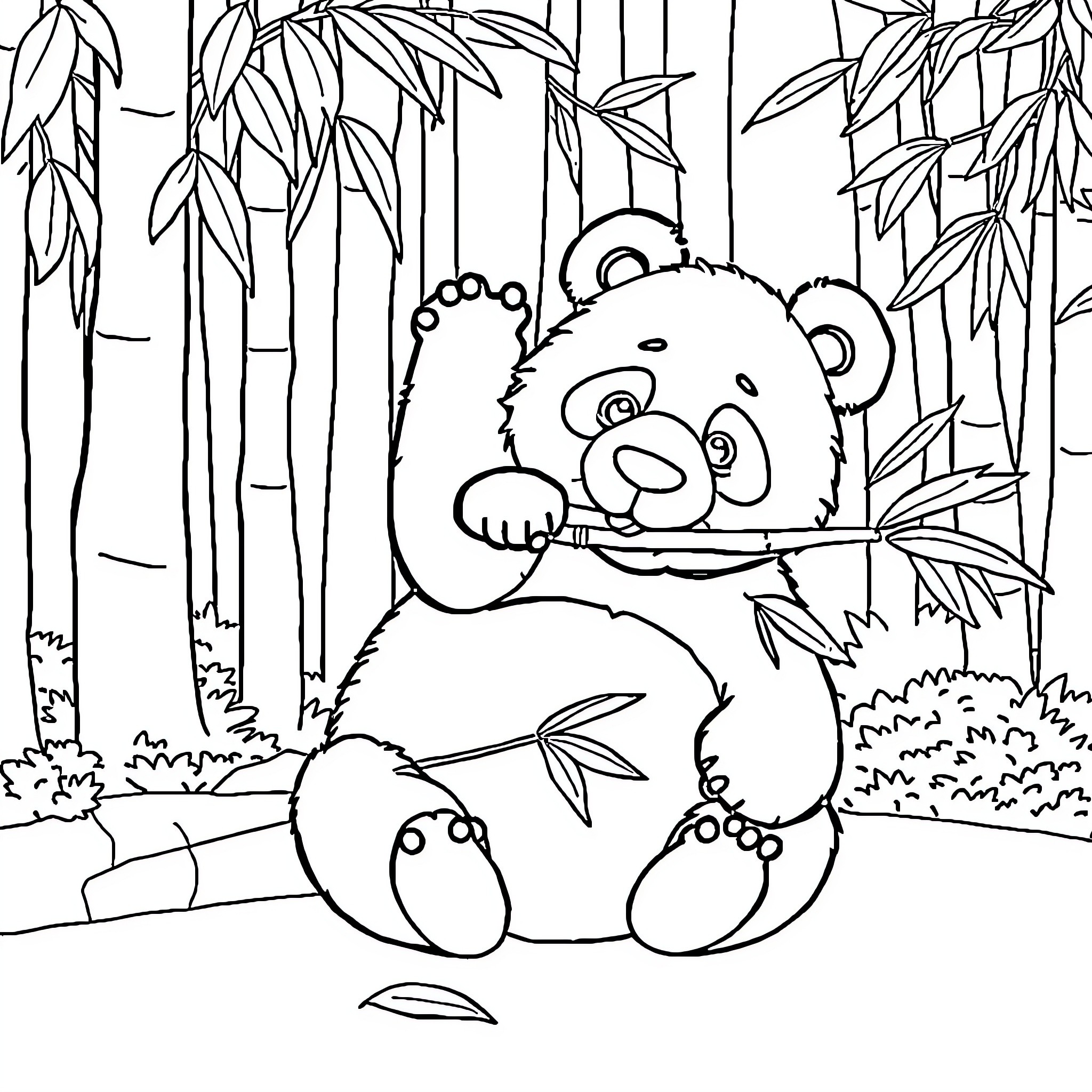 Panda munching on bamboo in forest Coloring Page (free black-and-white line drawing printable PDF for all, from beginners to advanced learners, including children, teens, adults, and seniors)