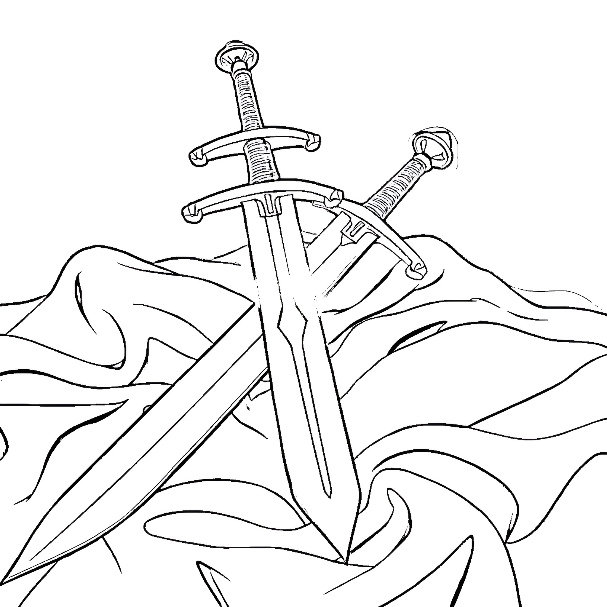 Sword crossed in dramatic mountain landscape Coloring Page (free black-and-white line drawing printable PDF for all, from beginners to advanced learners, including children, teens, adults, and seniors)