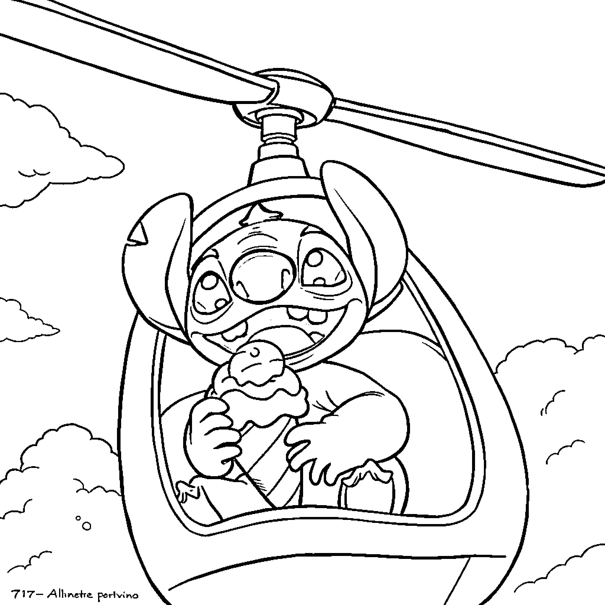 Stitch enjoying a ride in the sky Coloring Page (free black-and-white line drawing printable PDF for all, from beginners to advanced learners, including children, teens, adults, and seniors)