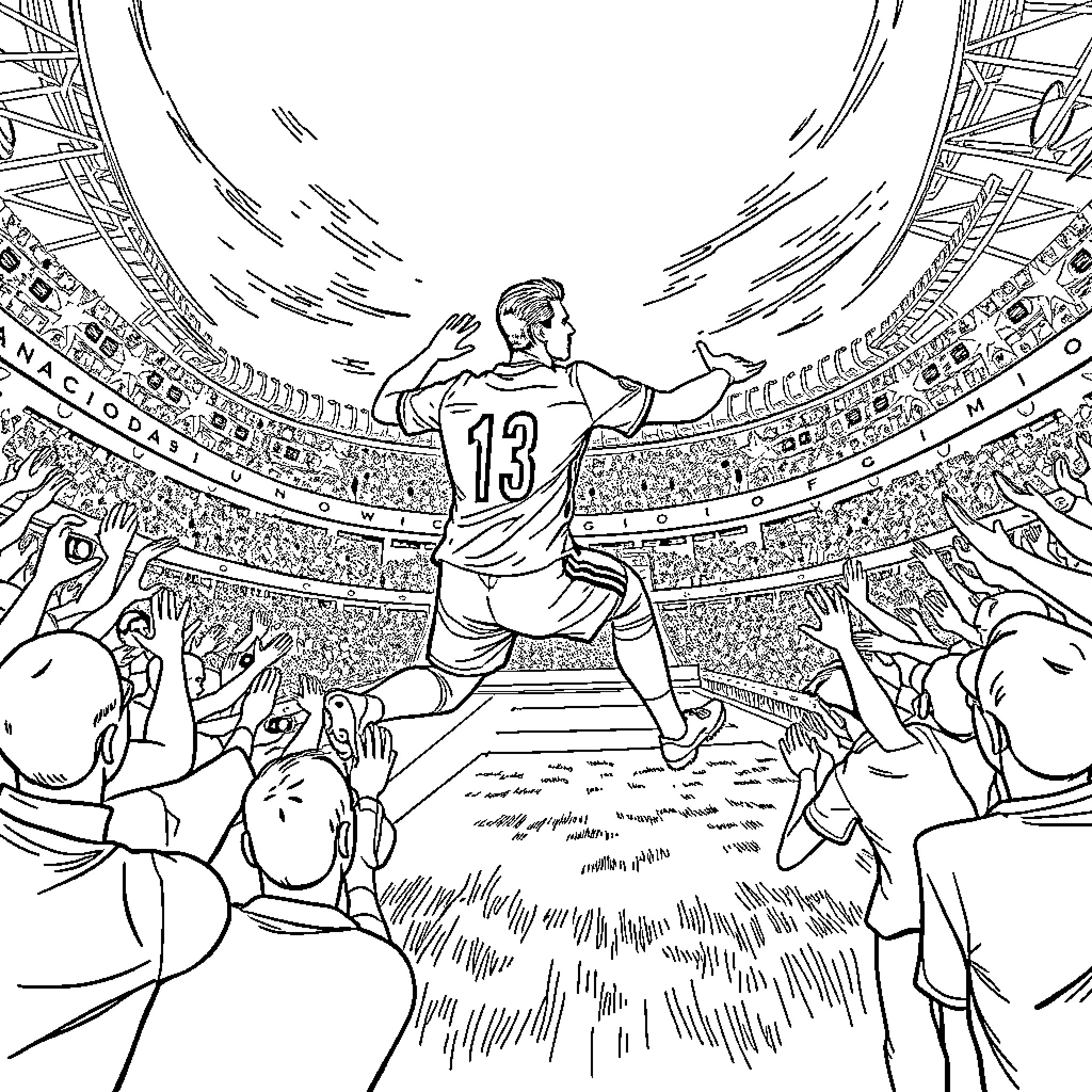 Cristiano Ronaldo Celebrating Victory in Stadium Coloring Page (free black-and-white line drawing printable PDF for all, from beginners to advanced learners, including children, teens, adults, and seniors)