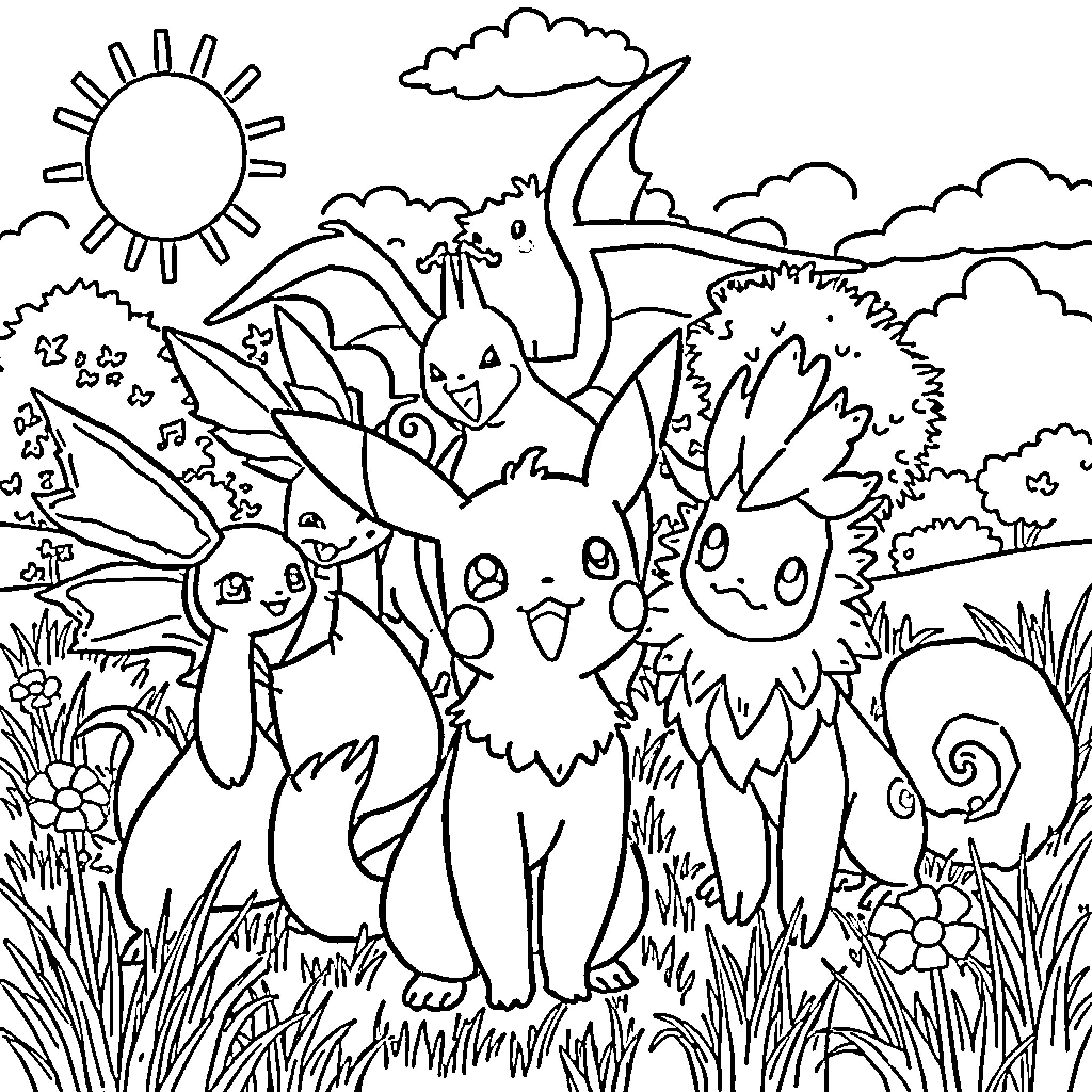 Pokémon playing happily in a nature scene Coloring Page (free black-and-white line drawing printable PDF for all, from beginners to advanced learners, including children, teens, adults, and seniors)