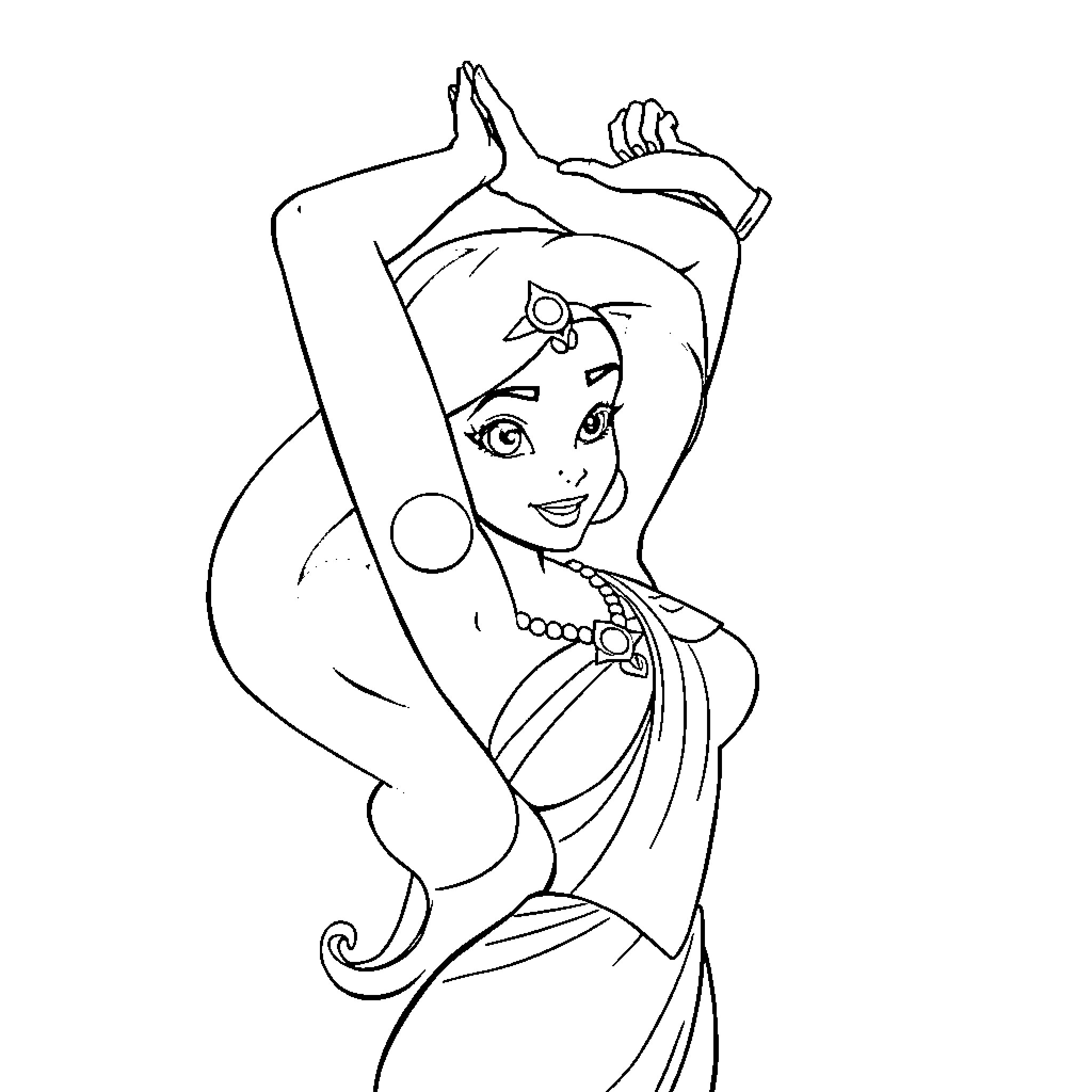 Princess Jasmine striking a graceful pose Coloring Page (free black-and-white line drawing printable PDF for all, from beginners to advanced learners, including children, teens, adults, and seniors)