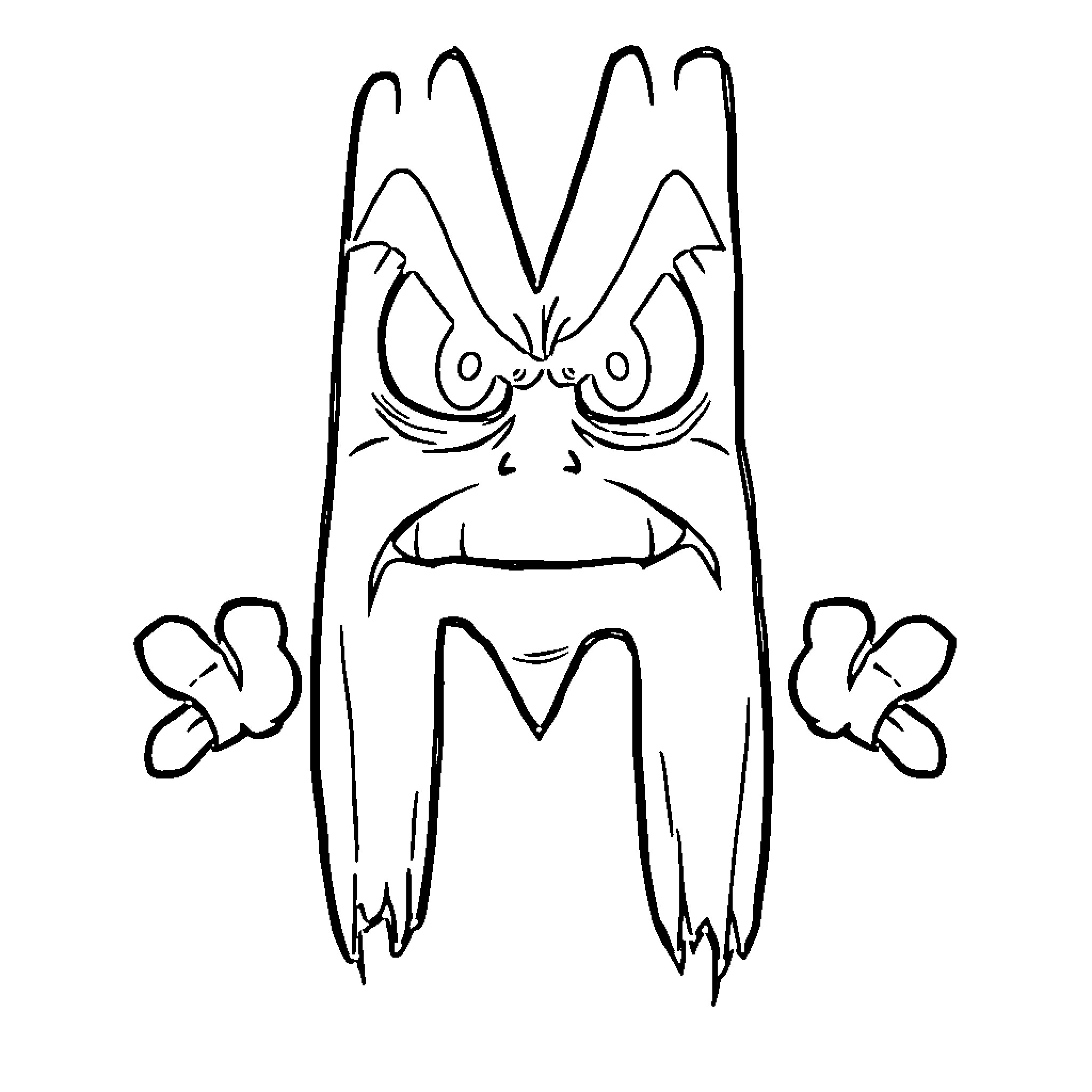 Letter M Ferocious Monster Face Illustration Coloring Page (free black-and-white line drawing printable PDF for all, from beginners to advanced learners, including children, teens, adults, and seniors)