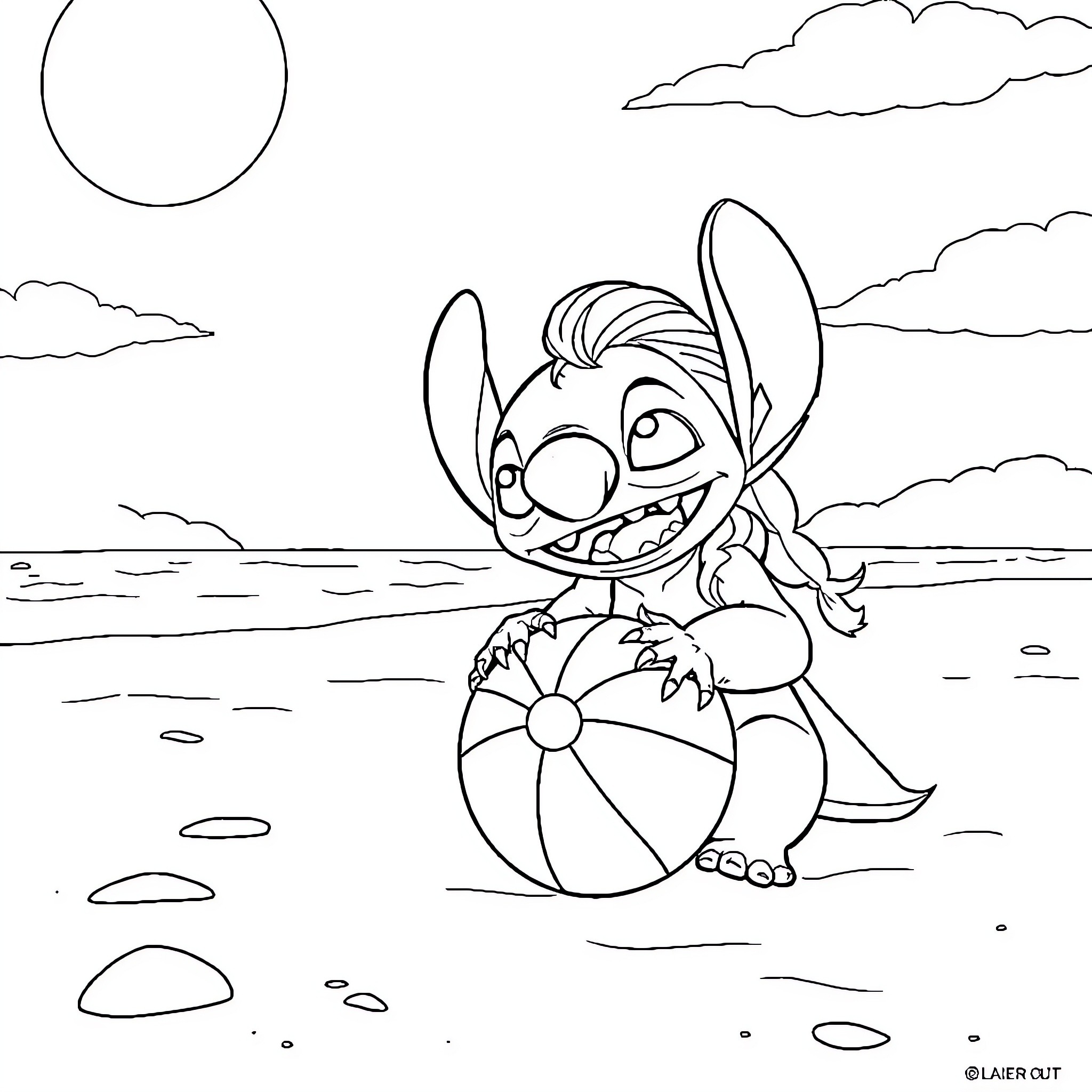Stitch playing joyfully with beach ball on the shore Coloring Page (free black-and-white line drawing printable PDF for all, from beginners to advanced learners, including children, teens, adults, and seniors)