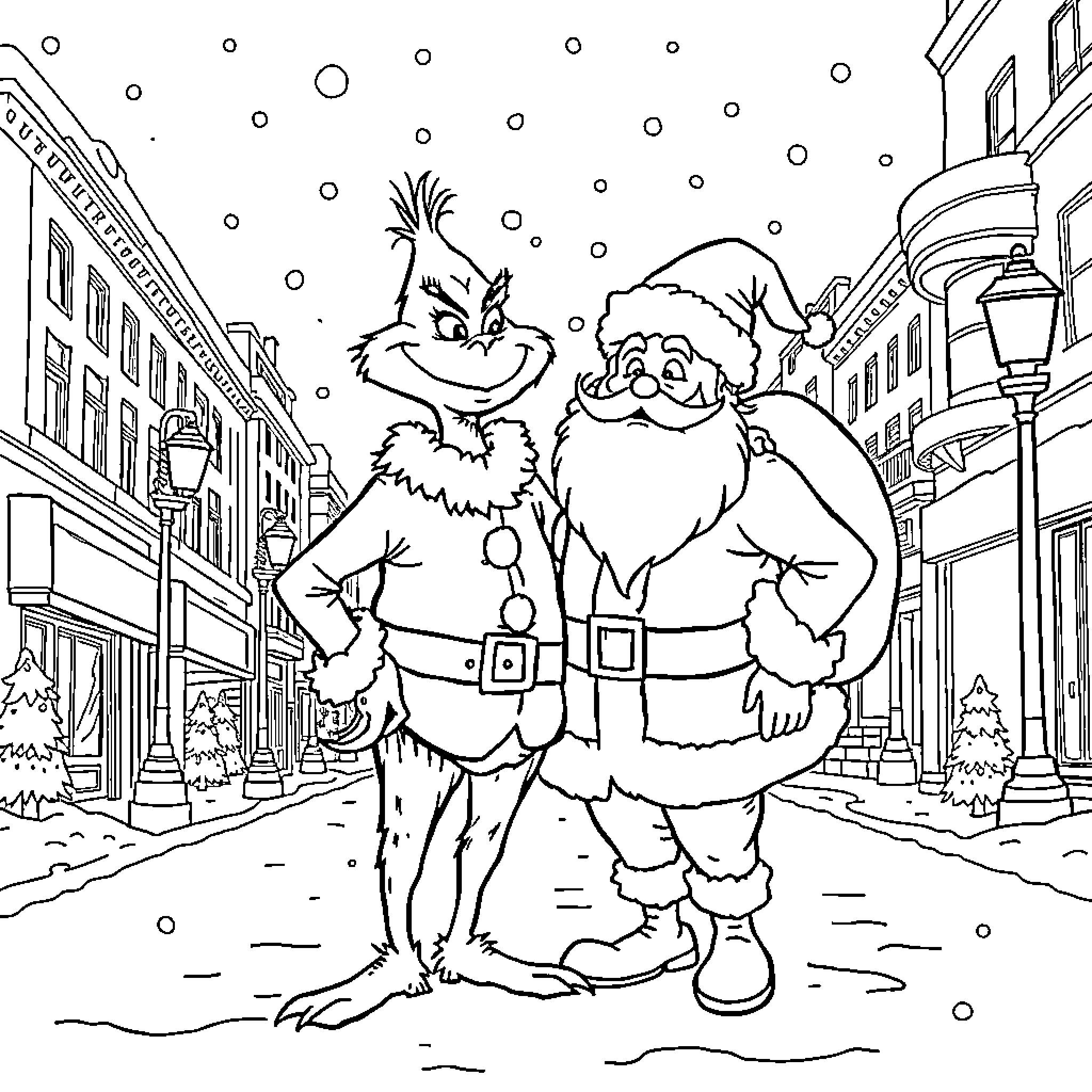 Grinch and Santa in a snowy town Coloring Page (free black-and-white line drawing printable PDF for all, from beginners to advanced learners, including children, teens, adults, and seniors)