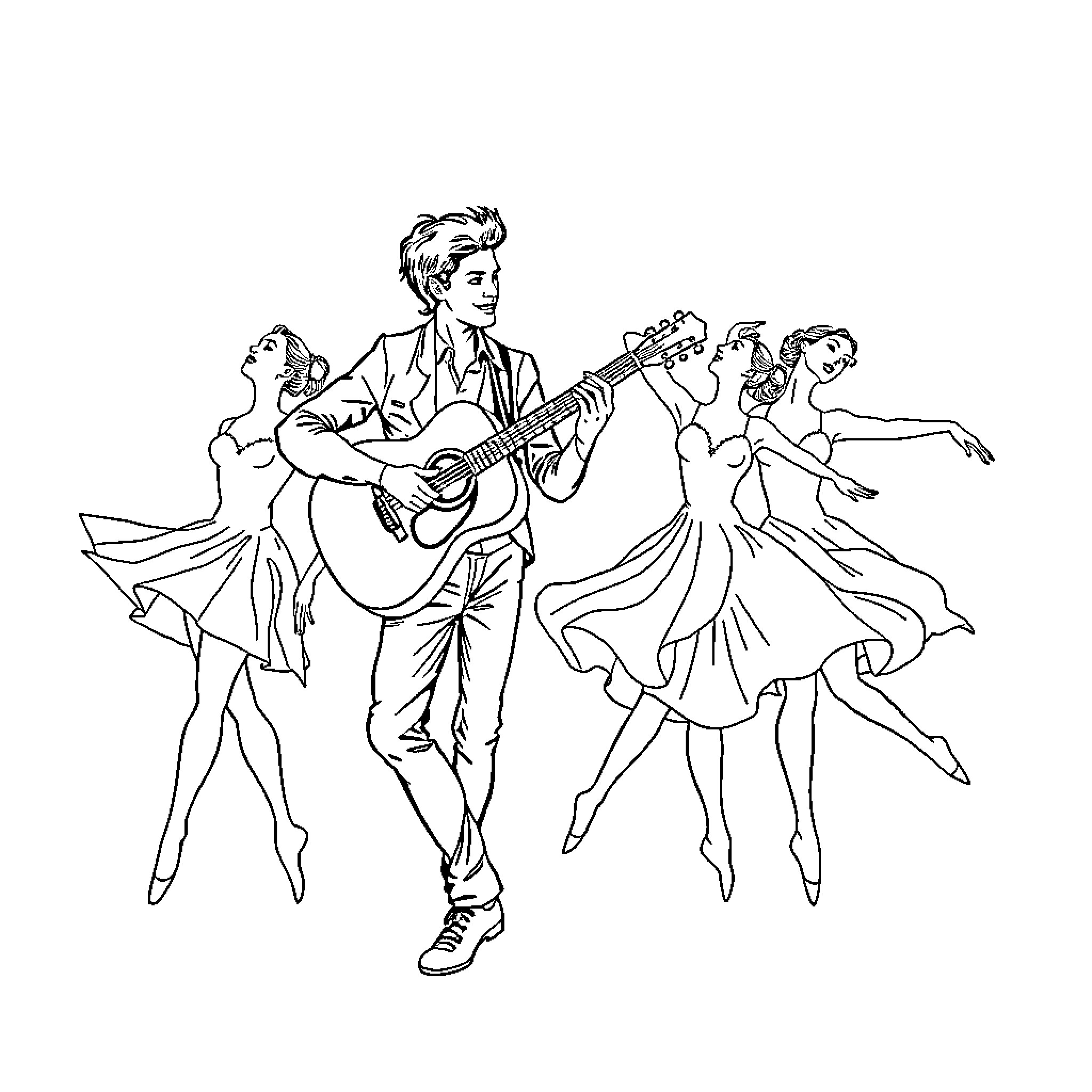 Guitar-playing performer surrounded by dancing companions Coloring Page (free black-and-white line drawing printable PDF for all, from beginners to advanced learners, including children, teens, adults, and seniors)