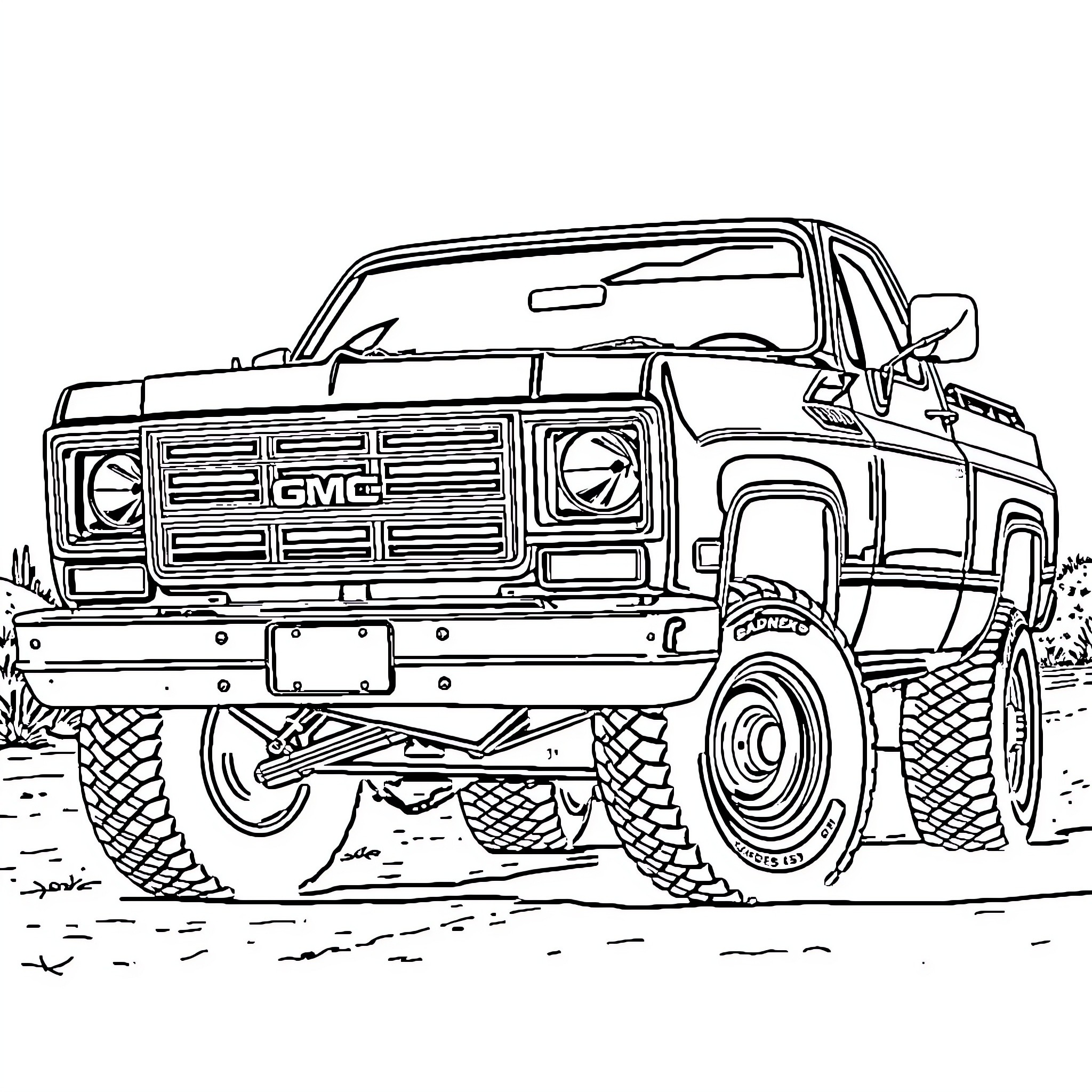 GMC C15 offroading in the wilderness Coloring Page (free black-and-white line drawing printable PDF for all, from beginners to advanced learners, including children, teens, adults, and seniors)