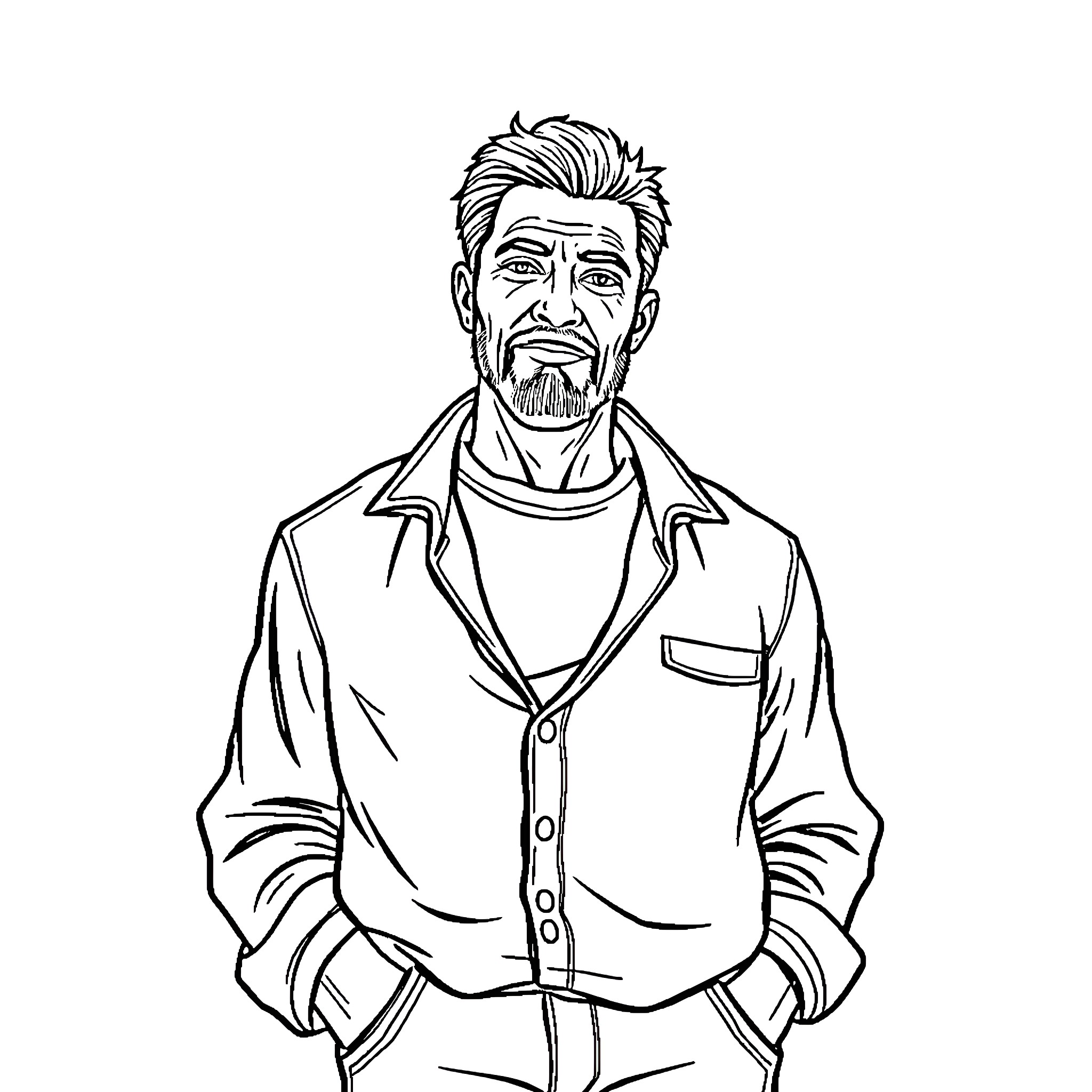 Adult man with serious expression in casual attire Coloring Page (free black-and-white line drawing printable PDF for all, from beginners to advanced learners, including children, teens, adults, and seniors)