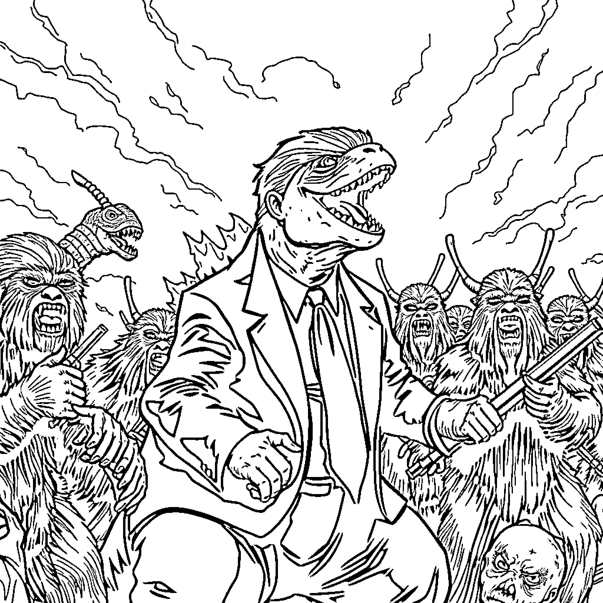 Godzilla battling fierce monsters in a stormy scene Coloring Page (free black-and-white line drawing printable PDF for all, from beginners to advanced learners, including children, teens, adults, and seniors)