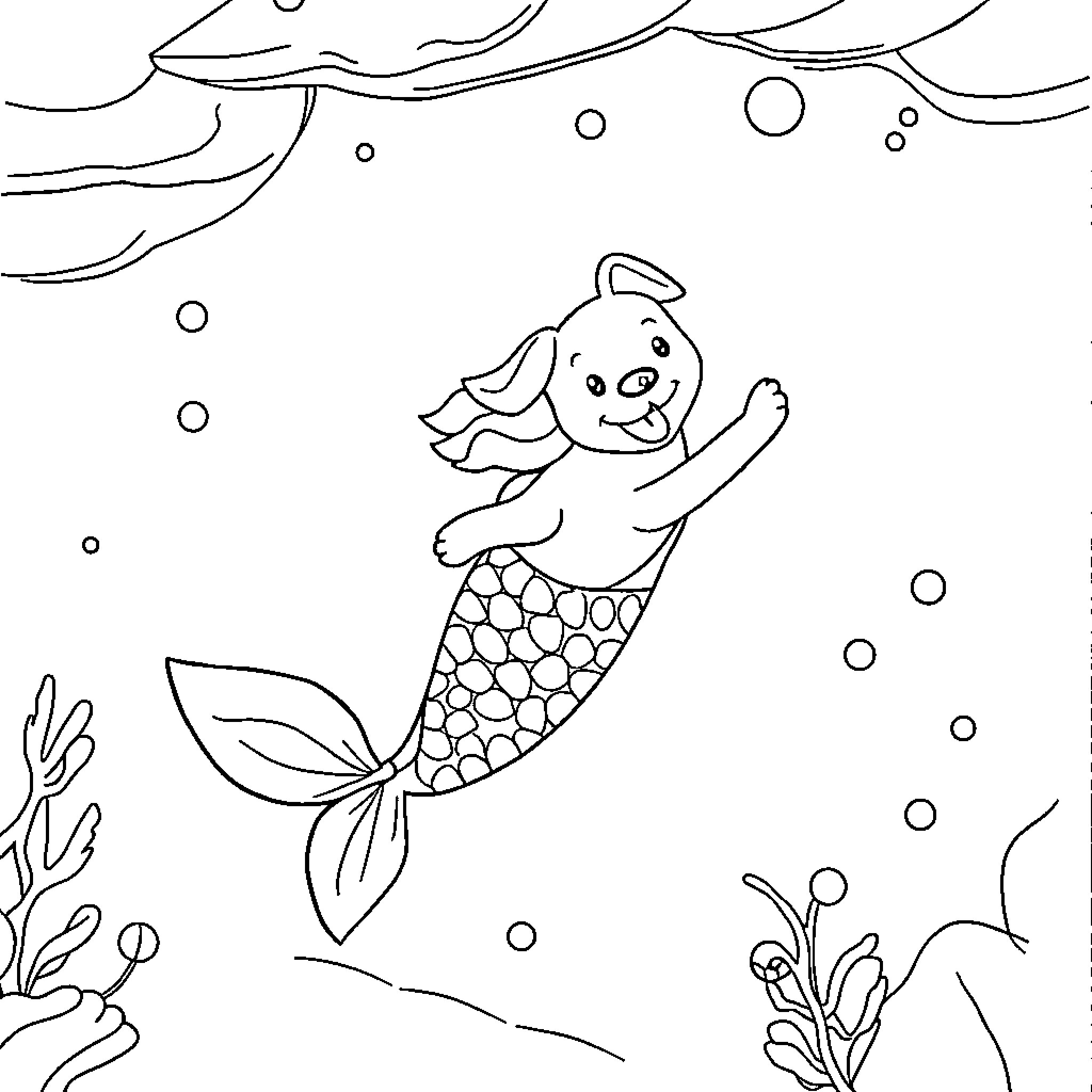 Dog Mermaid swimming happily in the sea Coloring Page (free black-and-white line drawing printable PDF for all, from beginners to advanced learners, including children, teens, adults, and seniors)