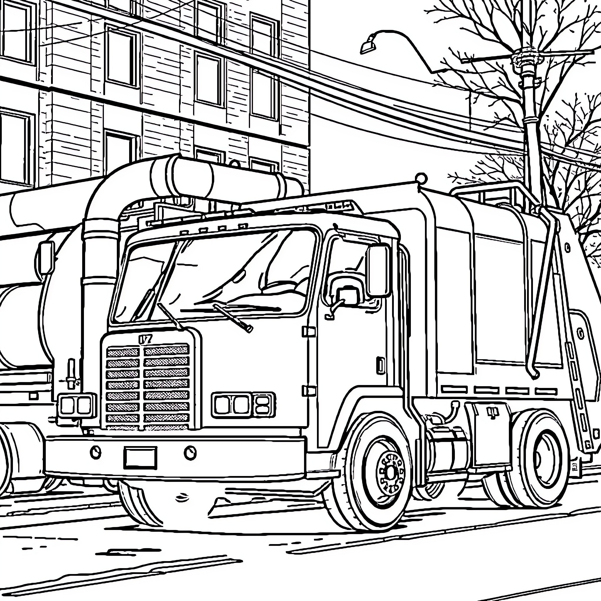Truck collecting garbage on city street Coloring Page (free black-and-white line drawing printable PDF for all, from beginners to advanced learners, including children, teens, adults, and seniors)