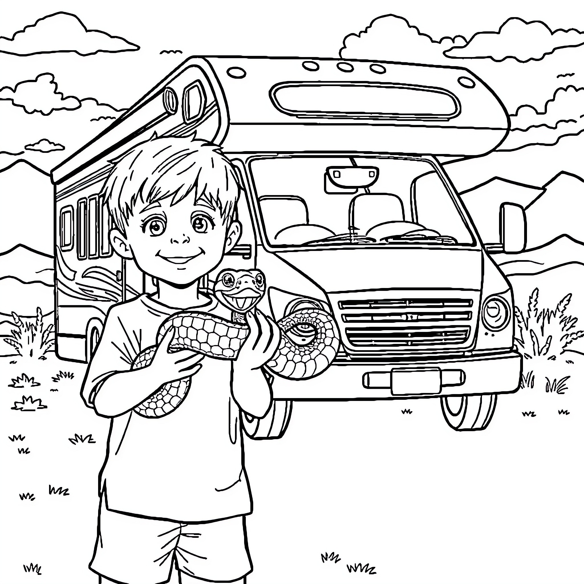 Boy exploring nature with his pet on a camping trip Coloring Page (free black-and-white line drawing printable PDF for all, from beginners to advanced learners, including children, teens, adults, and seniors)