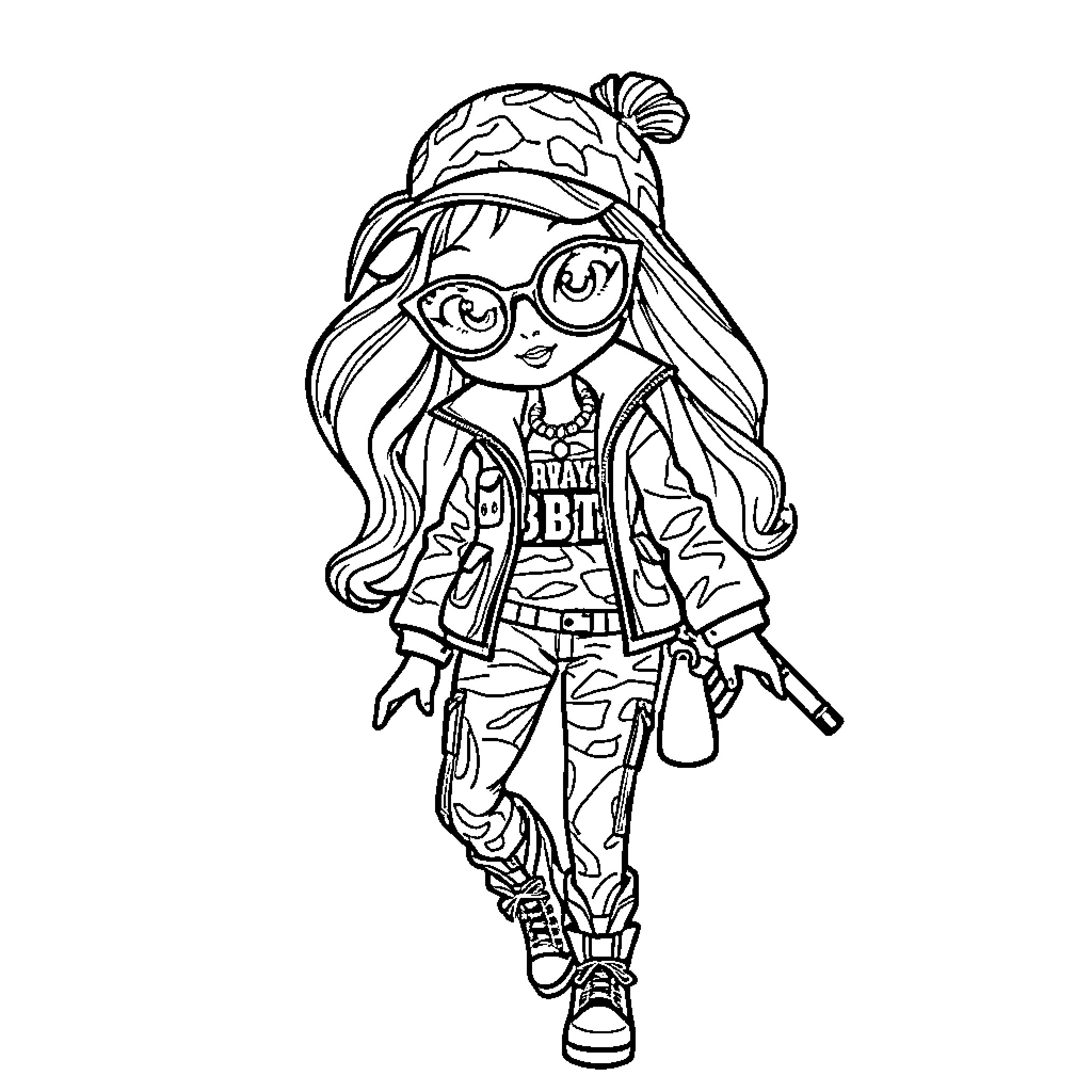 Bratz Doll in Adventurous Outfit Coloring Page (free black-and-white line drawing printable PDF for all, from beginners to advanced learners, including children, teens, adults, and seniors)