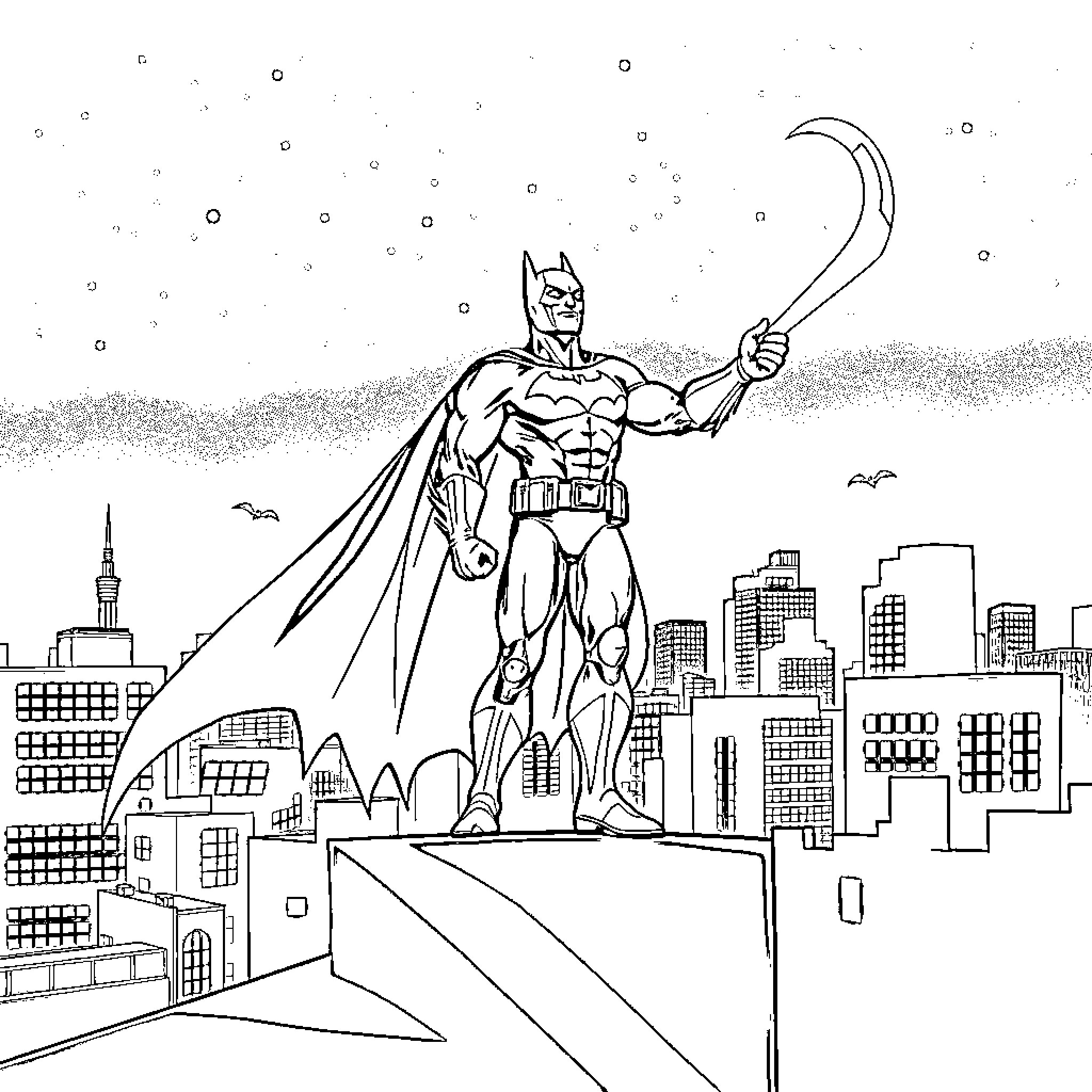 Batman heroically surveying the city at night Coloring Page (free black-and-white line drawing printable PDF for all, from beginners to advanced learners, including children, teens, adults, and seniors)