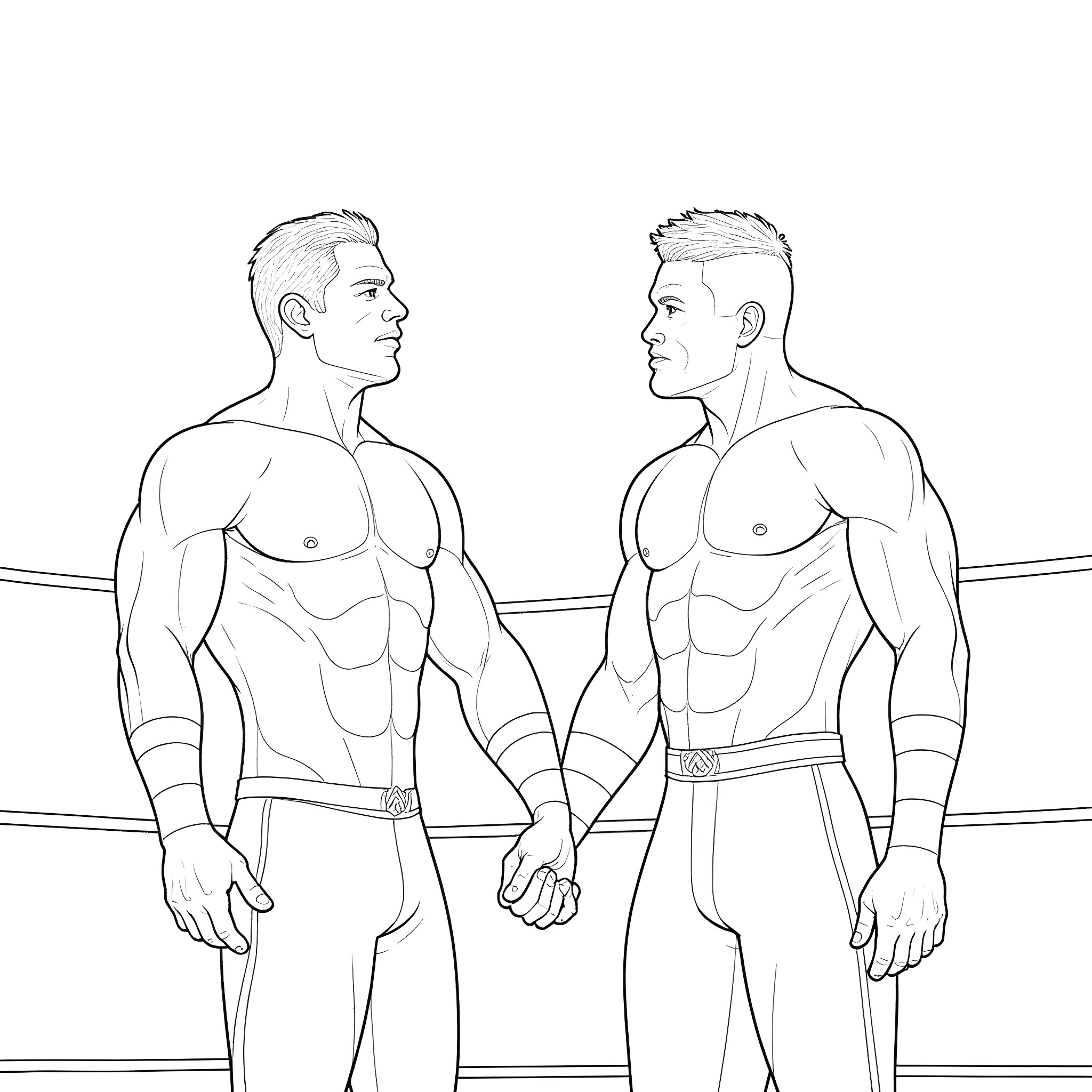 John Cena facing off with a muscular opponent in a wrestling ring Coloring Page (free black-and-white line drawing printable PDF for all, from beginners to advanced learners, including children, teens, adults, and seniors)