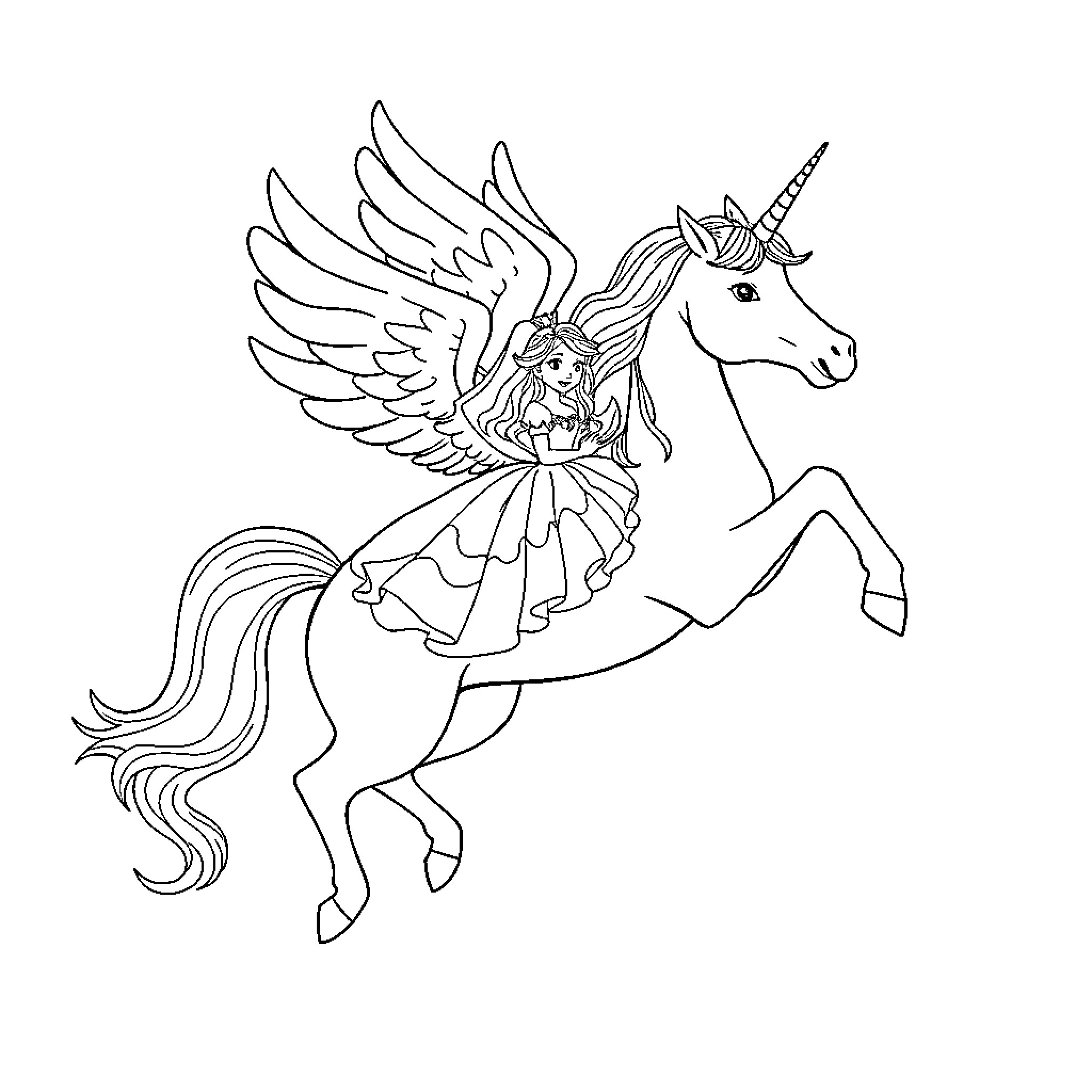 Unicorn carrying a fairy with wings Coloring Page (free black-and-white line drawing printable PDF for all, from beginners to advanced learners, including children, teens, adults, and seniors)