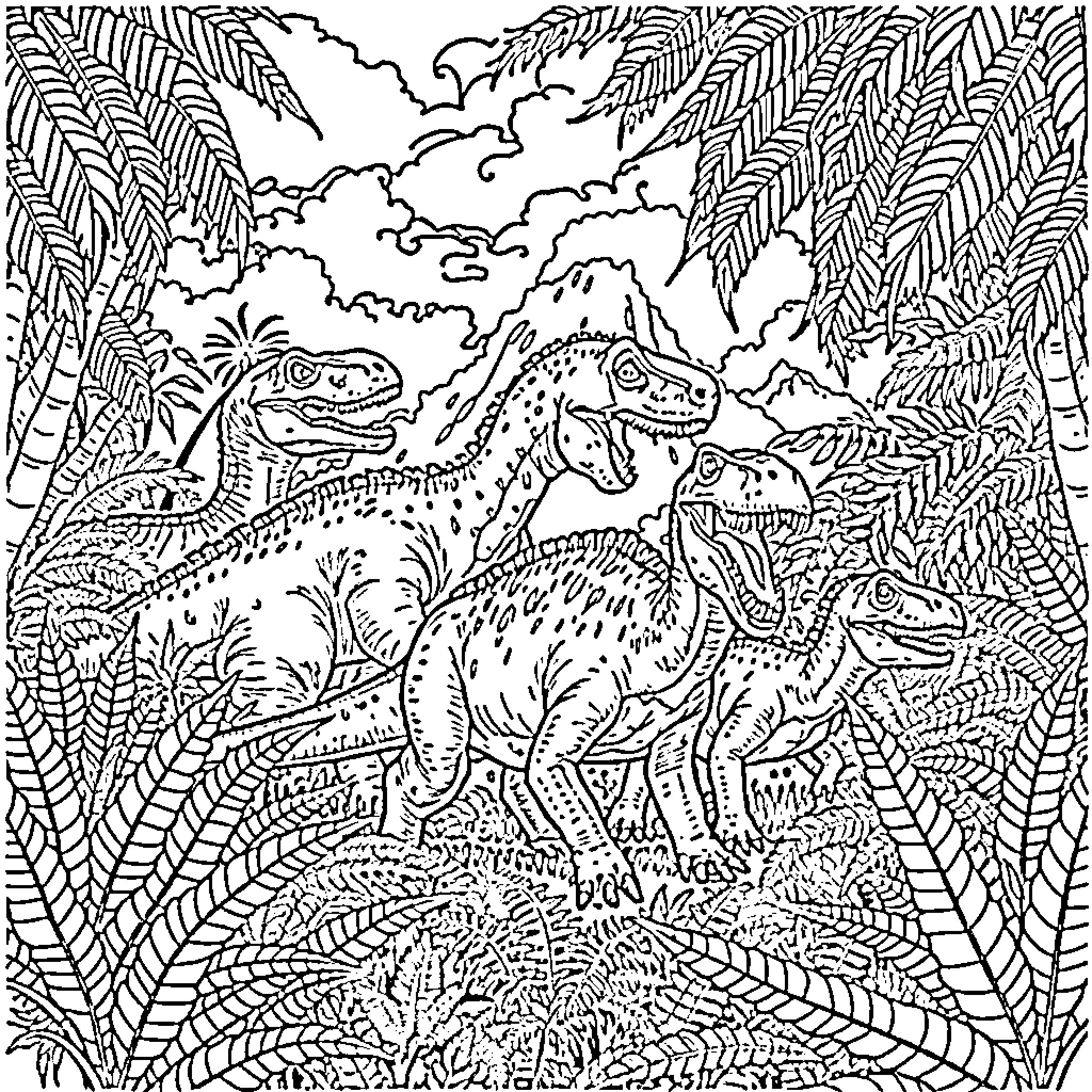 Dinosaurs roaming in a lush, prehistoric landscape Coloring Page (free black-and-white line drawing printable PDF for all, from beginners to advanced learners, including children, teens, adults, and seniors)