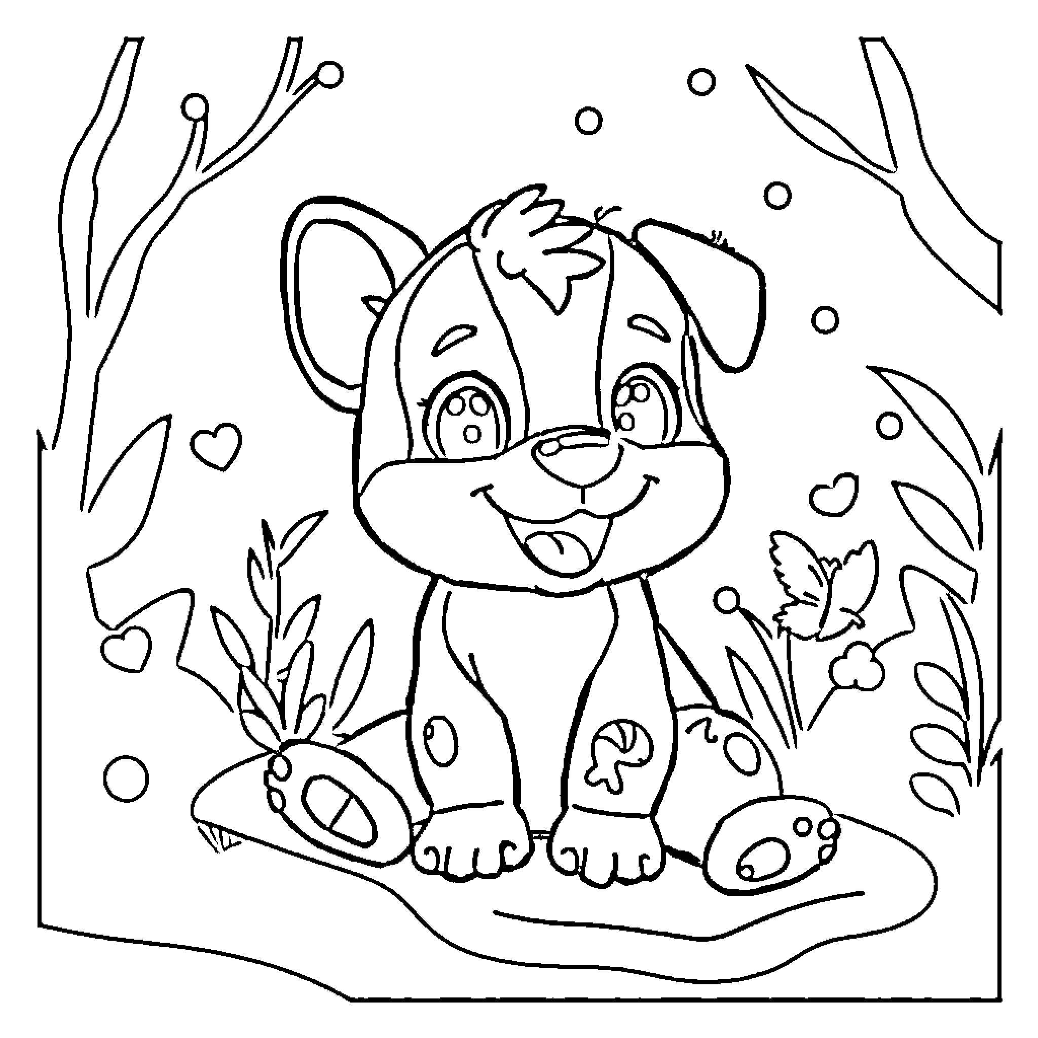 Bebe puppy playing happily in nature Coloring Page (free black-and-white line drawing printable PDF for all, from beginners to advanced learners, including children, teens, adults, and seniors)