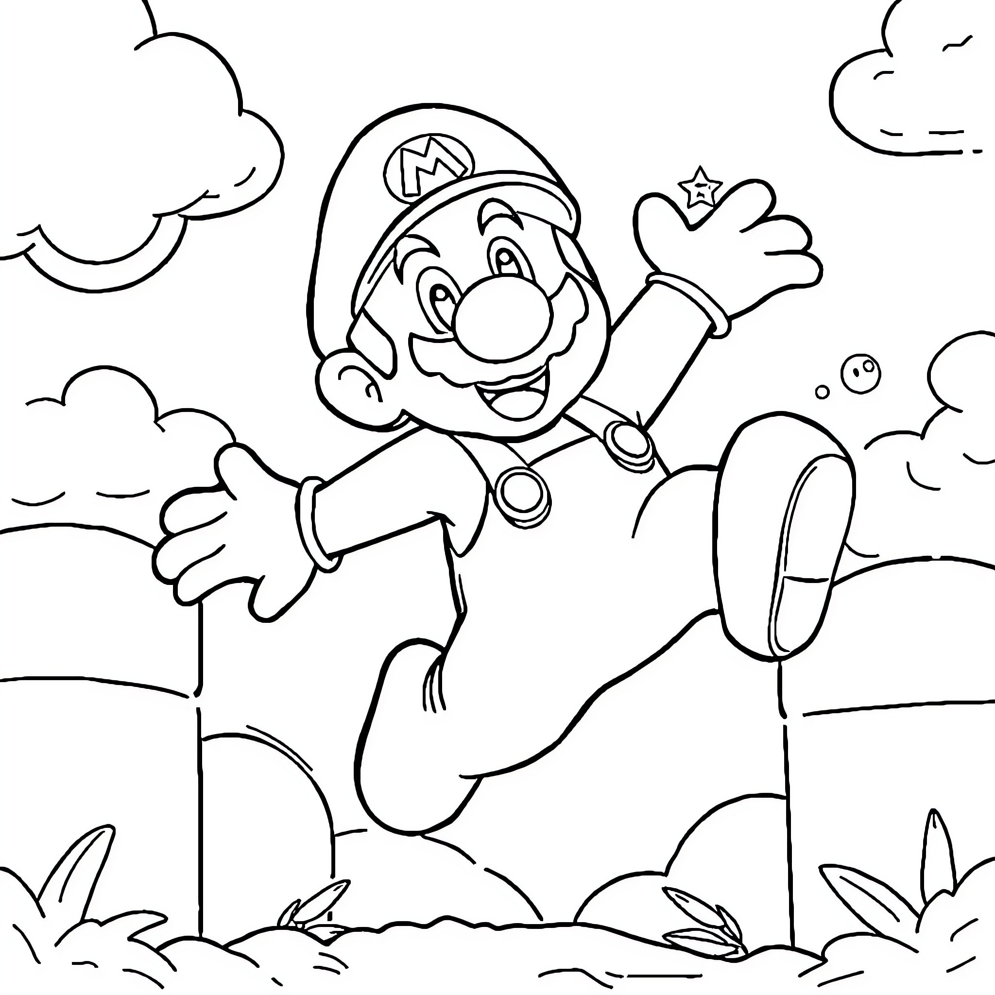 Mario jumping happily in the outdoor scene Coloring Page (free black-and-white line drawing printable PDF for all, from beginners to advanced learners, including children, teens, adults, and seniors)