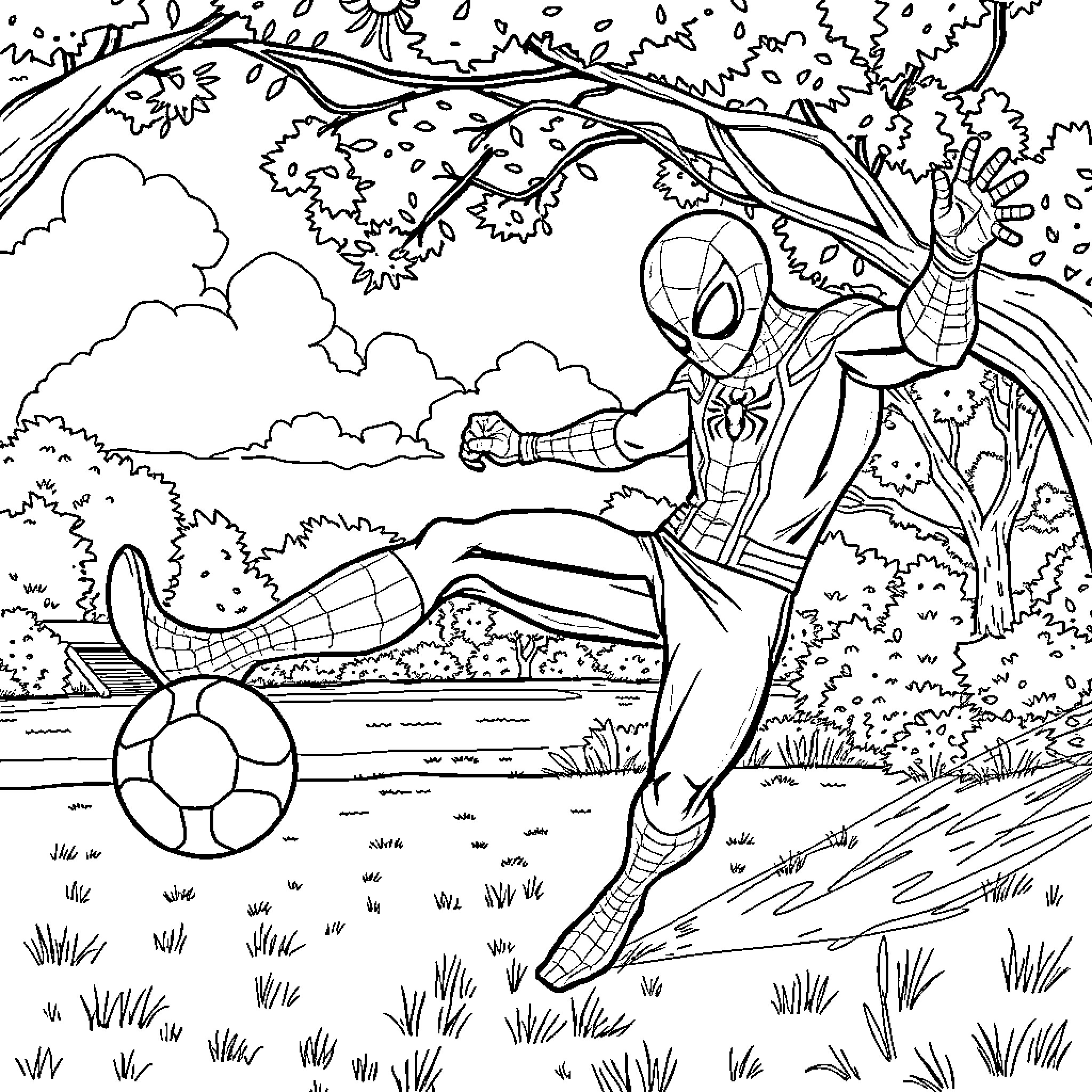 Spider-Man swinging and playing with a ball Coloring Page (free black-and-white line drawing printable PDF for all, from beginners to advanced learners, including children, teens, adults, and seniors)