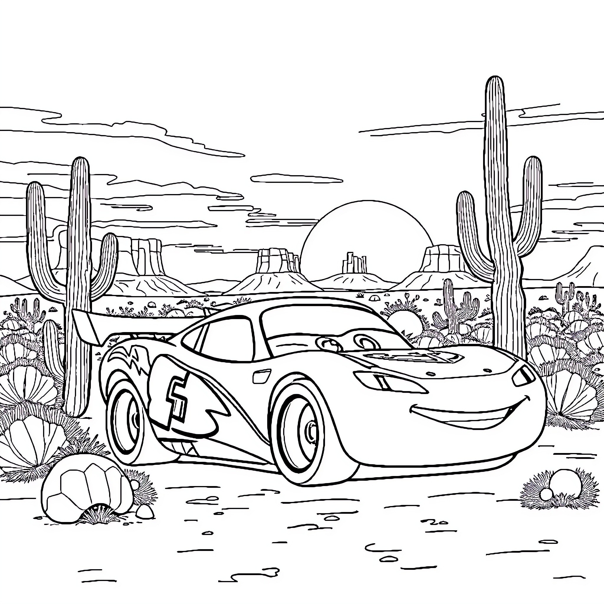 Sports Car Racing Through Desert Landscape Coloring Page (free black-and-white line drawing printable PDF for all, from beginners to advanced learners, including children, teens, adults, and seniors)