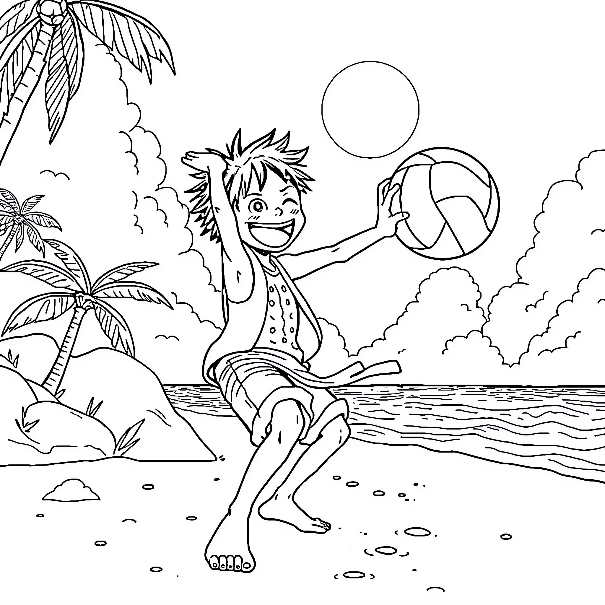 Monkey D Luffy playing happily with a volleyball on the beach Coloring Page (free black-and-white line drawing printable PDF for all, from beginners to advanced learners, including children, teens, adults, and seniors)