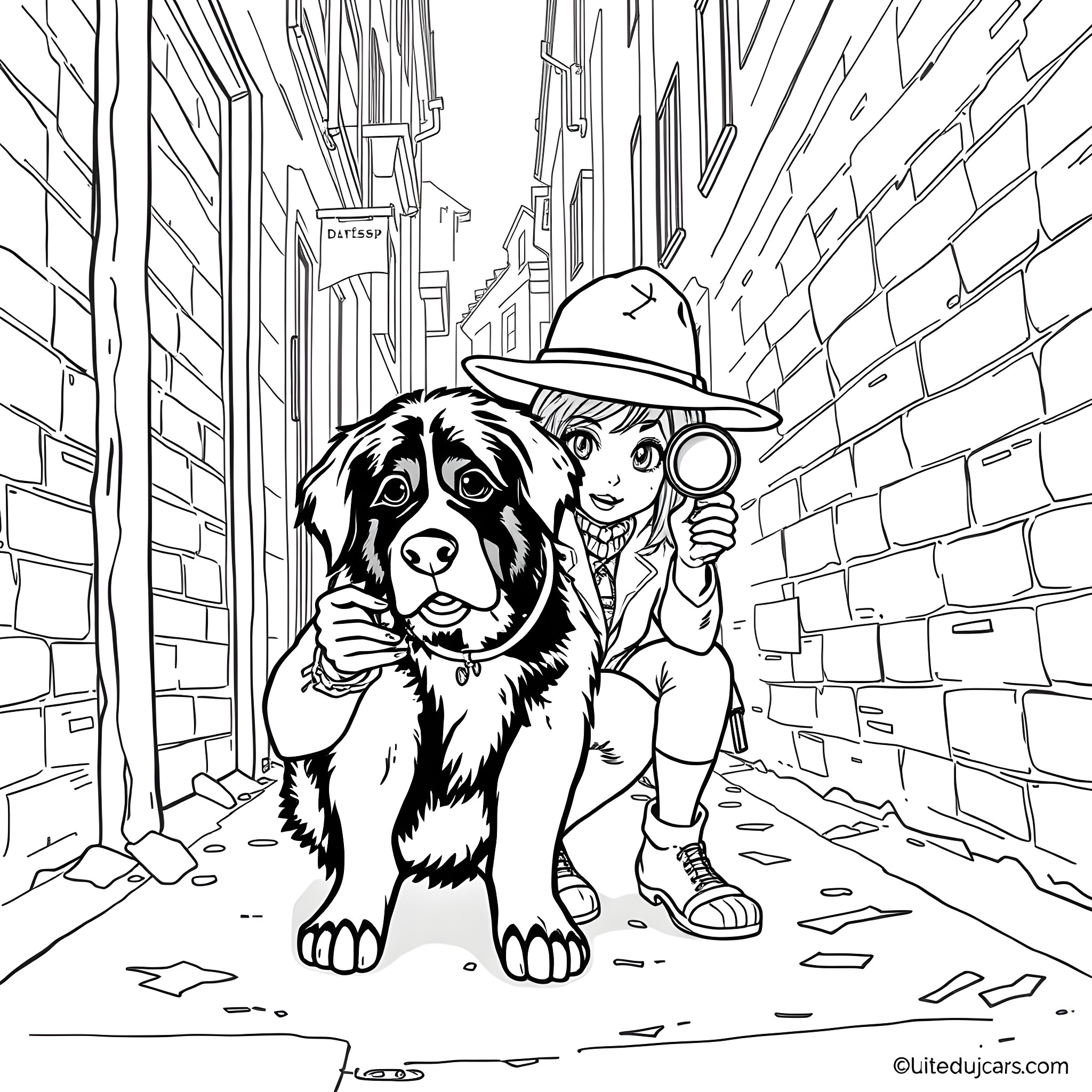 Girl playing with friendly dog in alleyway Coloring Page (free black-and-white line drawing printable PDF for all, from beginners to advanced learners, including children, teens, adults, and seniors)