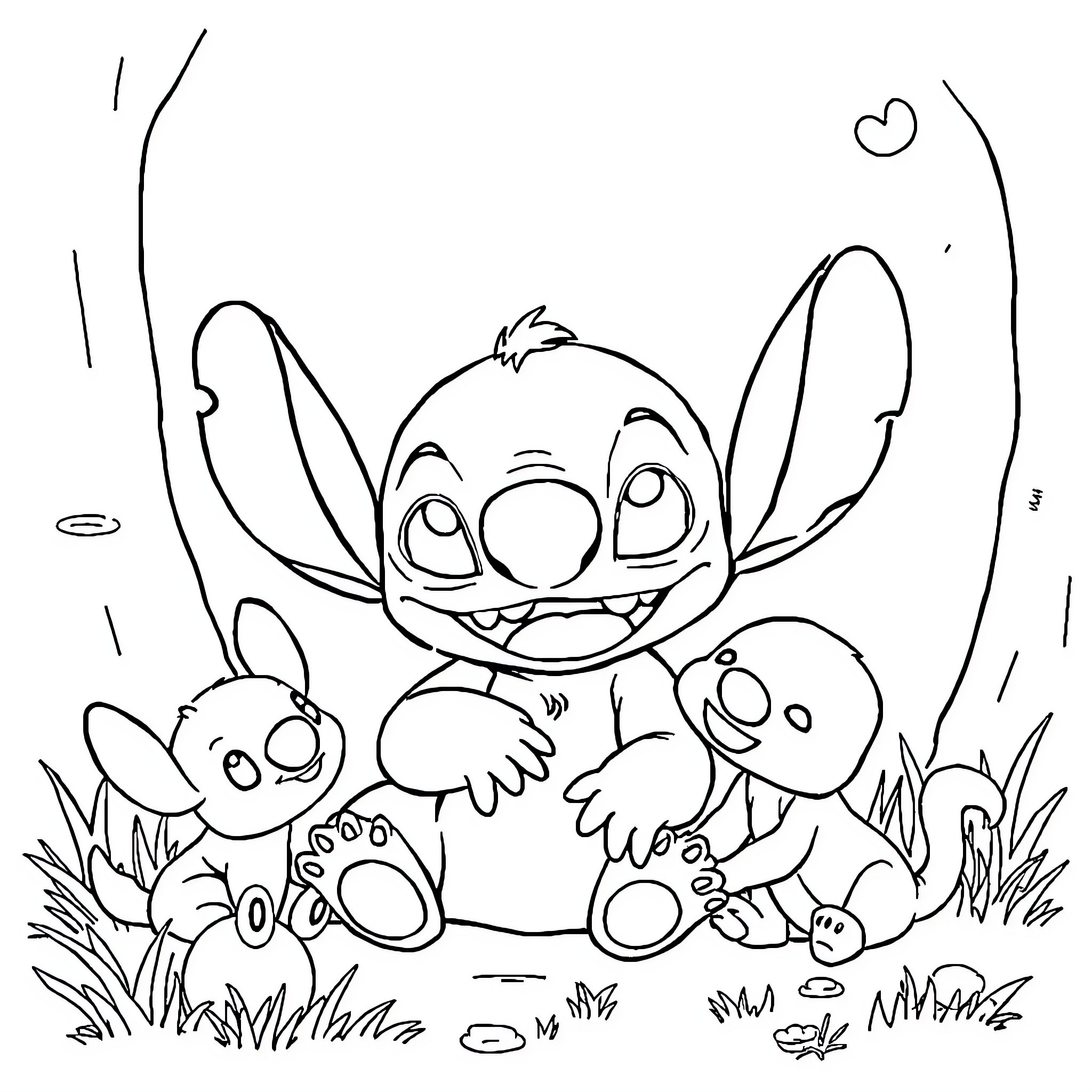 Stitch and Friends Enjoying Nature Together Coloring Page (free black-and-white line drawing printable PDF for all, from beginners to advanced learners, including children, teens, adults, and seniors)