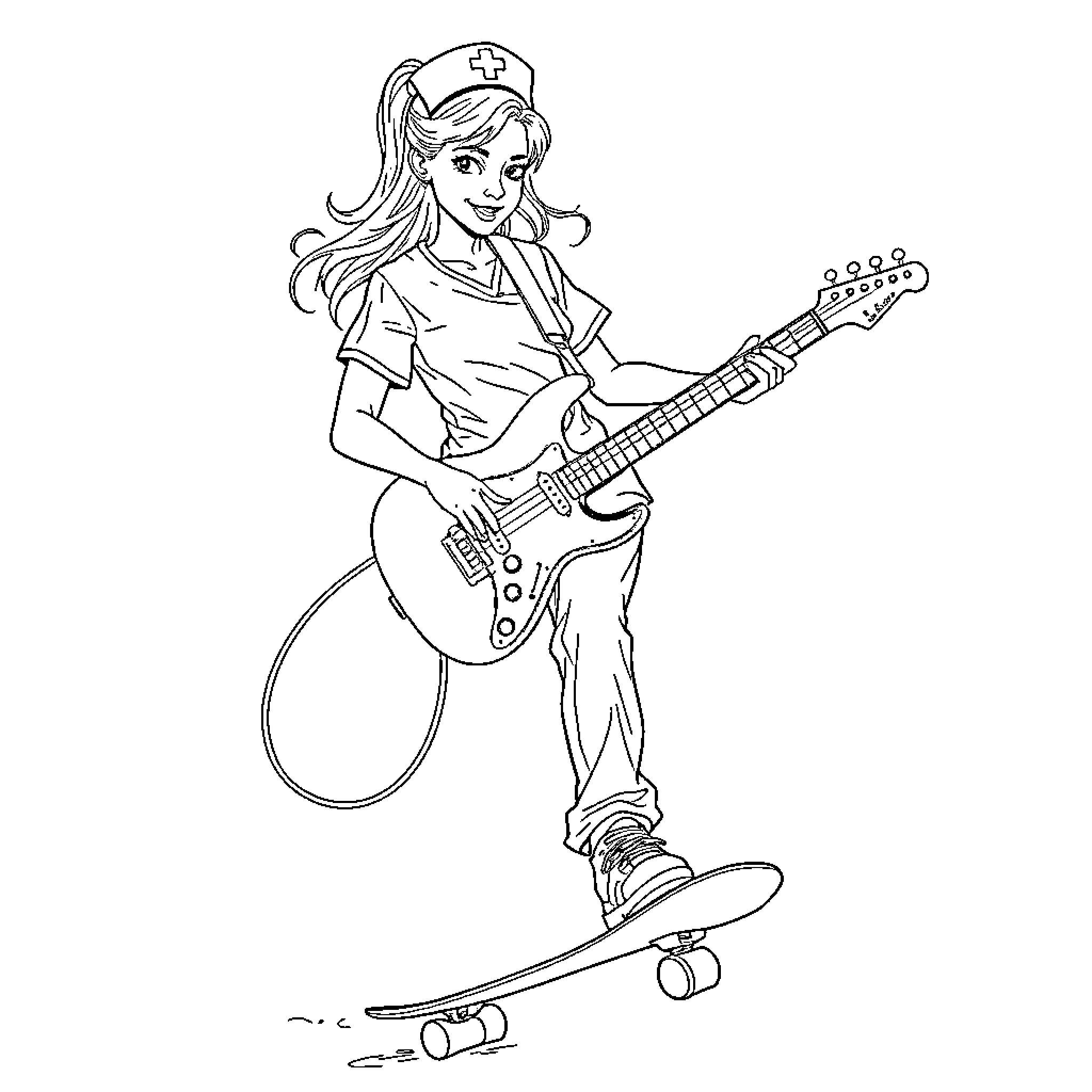 Nurse Rocking Out on Electric Guitar Coloring Page (free black-and-white line drawing printable PDF for all, from beginners to advanced learners, including children, teens, adults, and seniors)