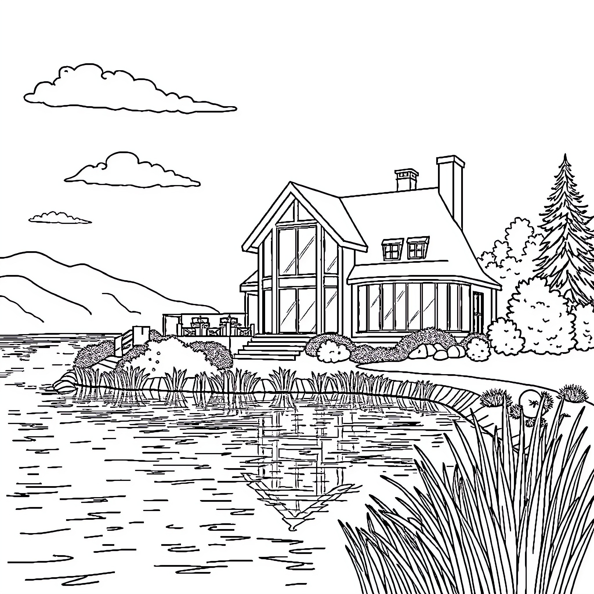 House with scenic lakefront view Coloring Page (free black-and-white line drawing printable PDF for all, from beginners to advanced learners, including children, teens, adults, and seniors)