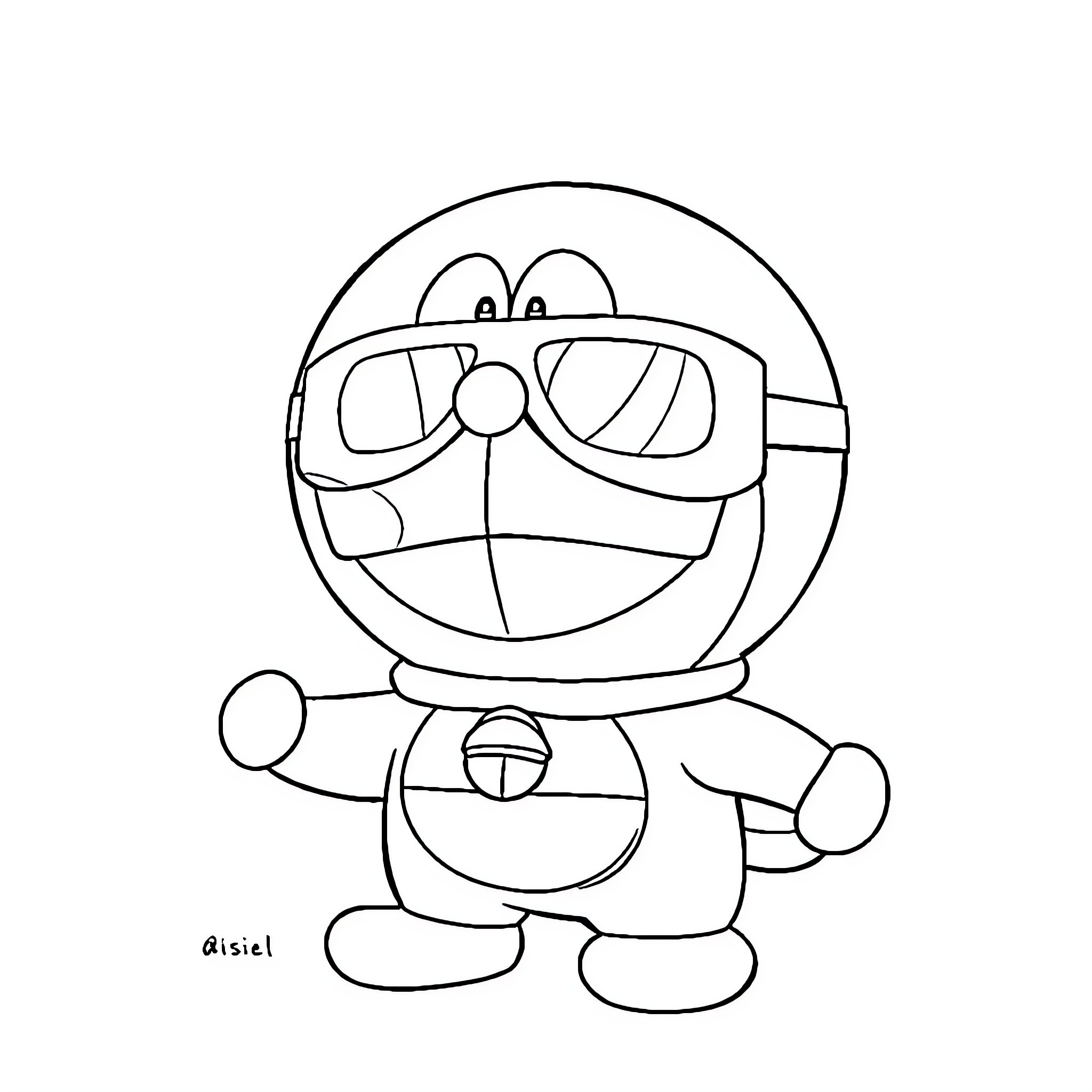 Doraemon wearing goggles and showing expression Coloring Page (free black-and-white line drawing printable PDF for all, from beginners to advanced learners, including children, teens, adults, and seniors)
