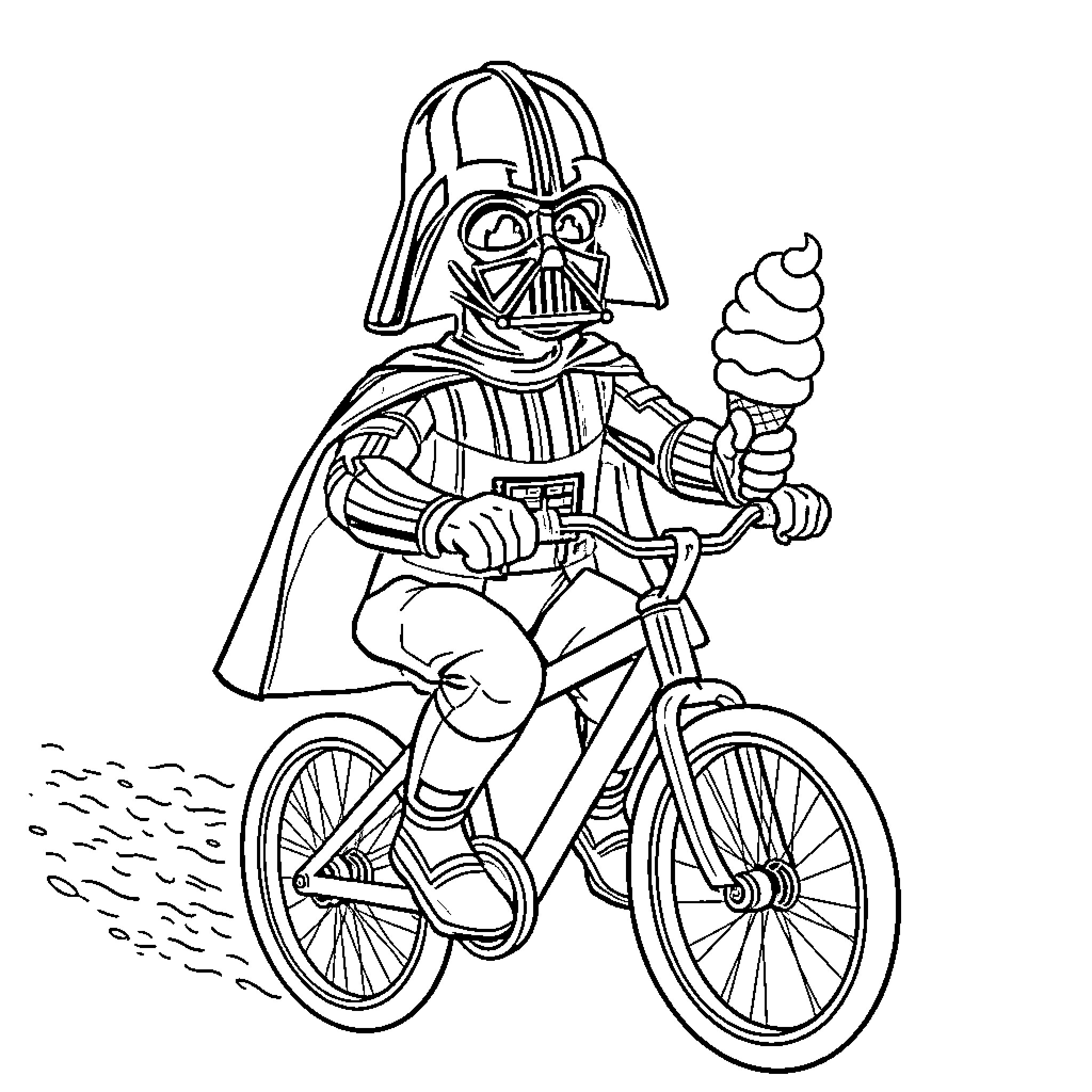 Dart Vader riding a bicycle with ice cream Coloring Page (free black-and-white line drawing printable PDF for all, from beginners to advanced learners, including children, teens, adults, and seniors)
