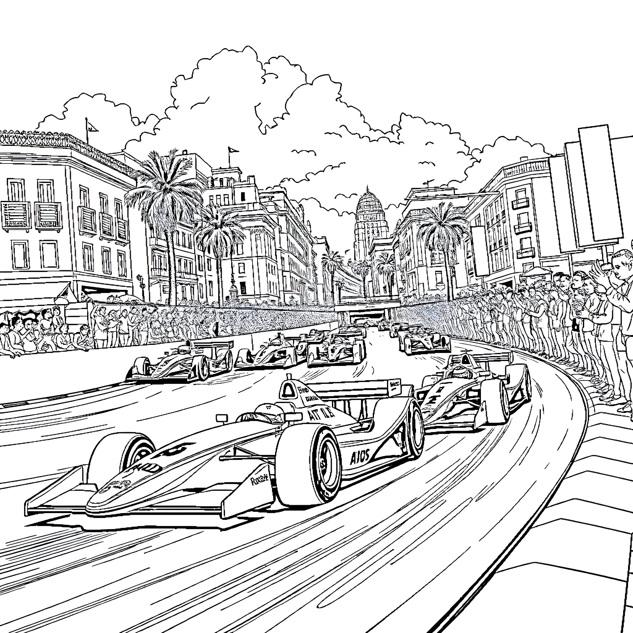 Formula Car Racing on a City Street Coloring Page (free black-and-white line drawing printable PDF for all, from beginners to advanced learners, including children, teens, adults, and seniors)