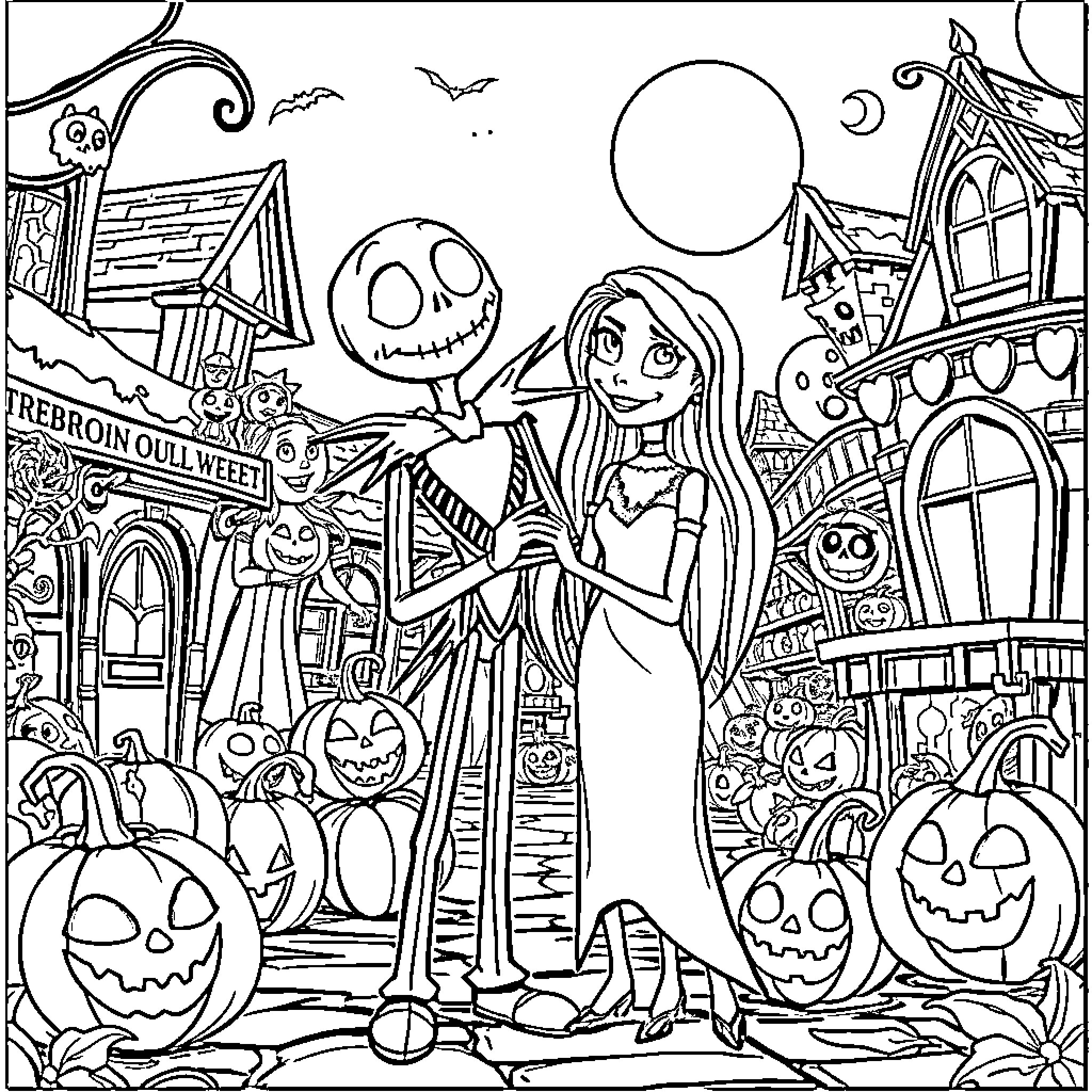 Jack and Sally's Spooky Halloween Adventure Coloring Page (free black-and-white line drawing printable PDF for all, from beginners to advanced learners, including children, teens, adults, and seniors)
