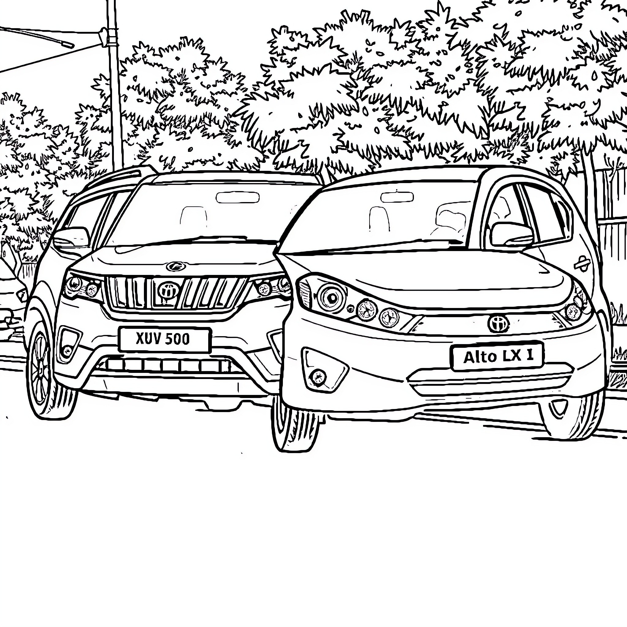 Car parked in forest with tall trees Coloring Page (free black-and-white line drawing printable PDF for all, from beginners to advanced learners, including children, teens, adults, and seniors)