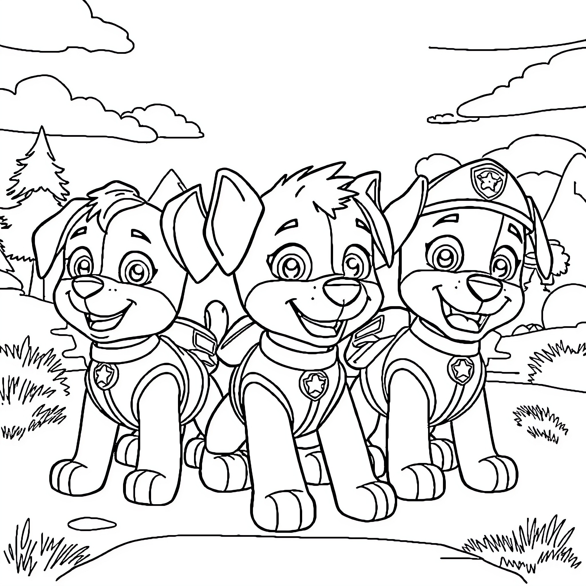 Paw Patrol puppies on a mission Coloring Page (free black-and-white line drawing printable PDF for all, from beginners to advanced learners, including children, teens, adults, and seniors)
